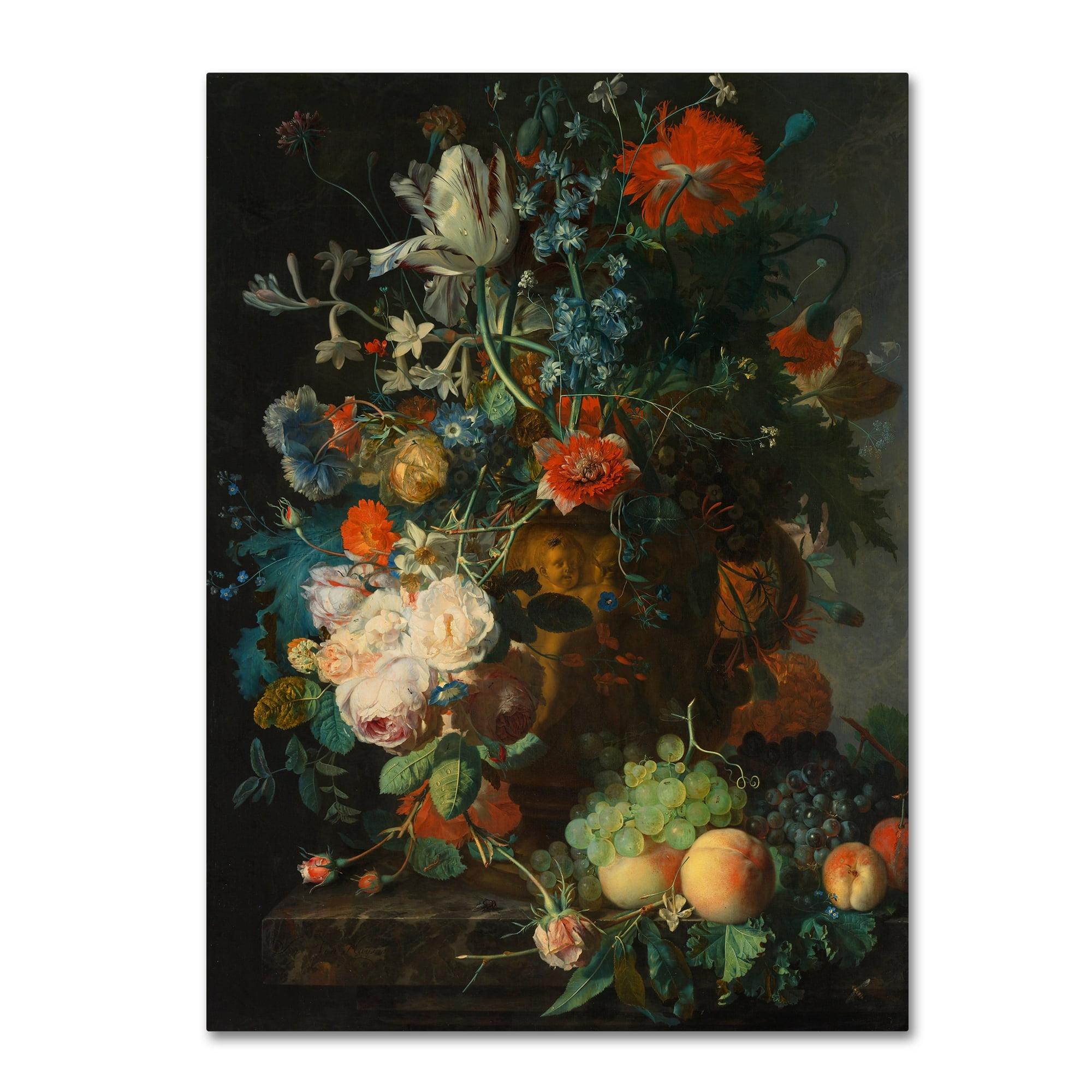 Traditional Floral and Fruit Still Life Canvas Art with Wood Frame