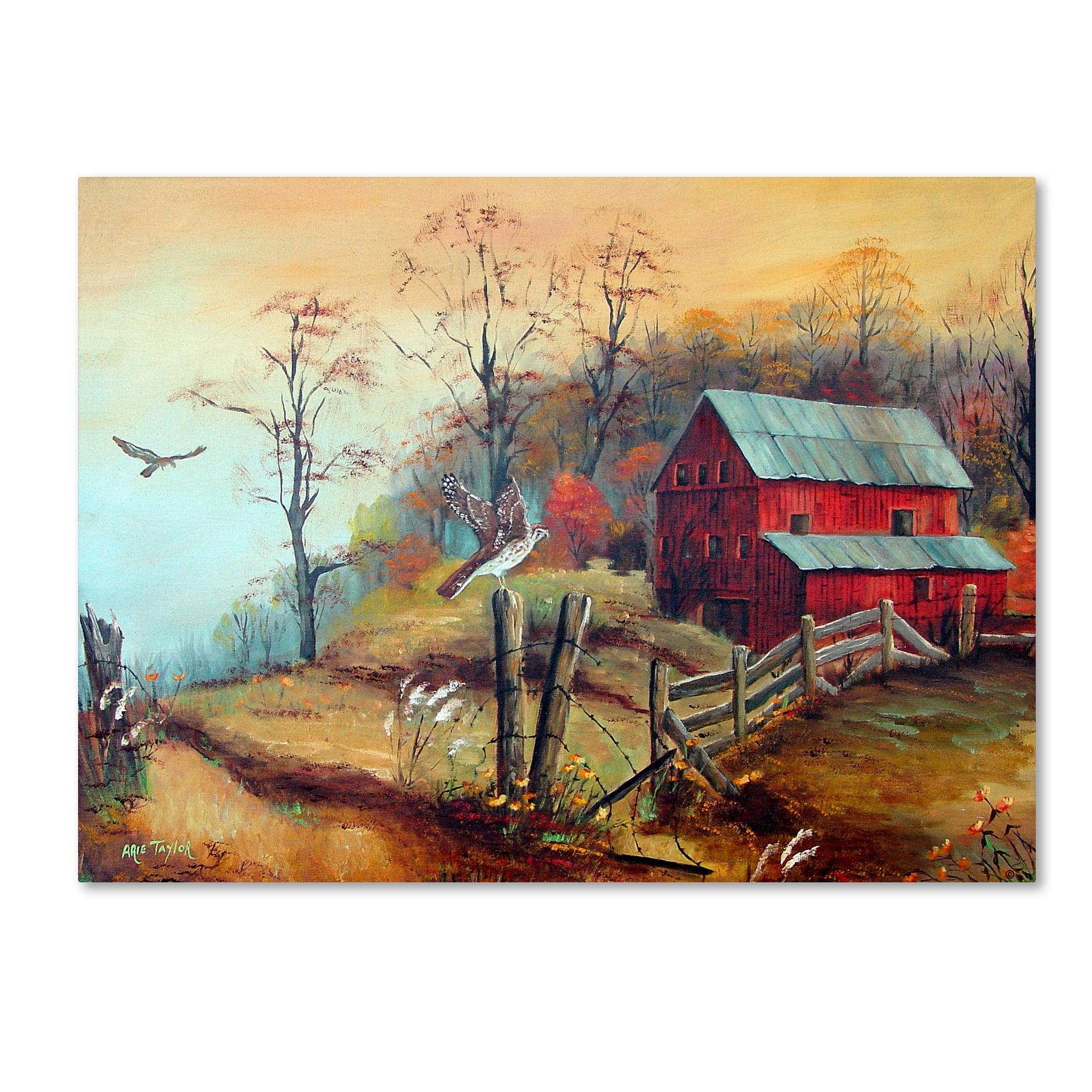 Red Barn and Hawk Landscape Framed Canvas Art