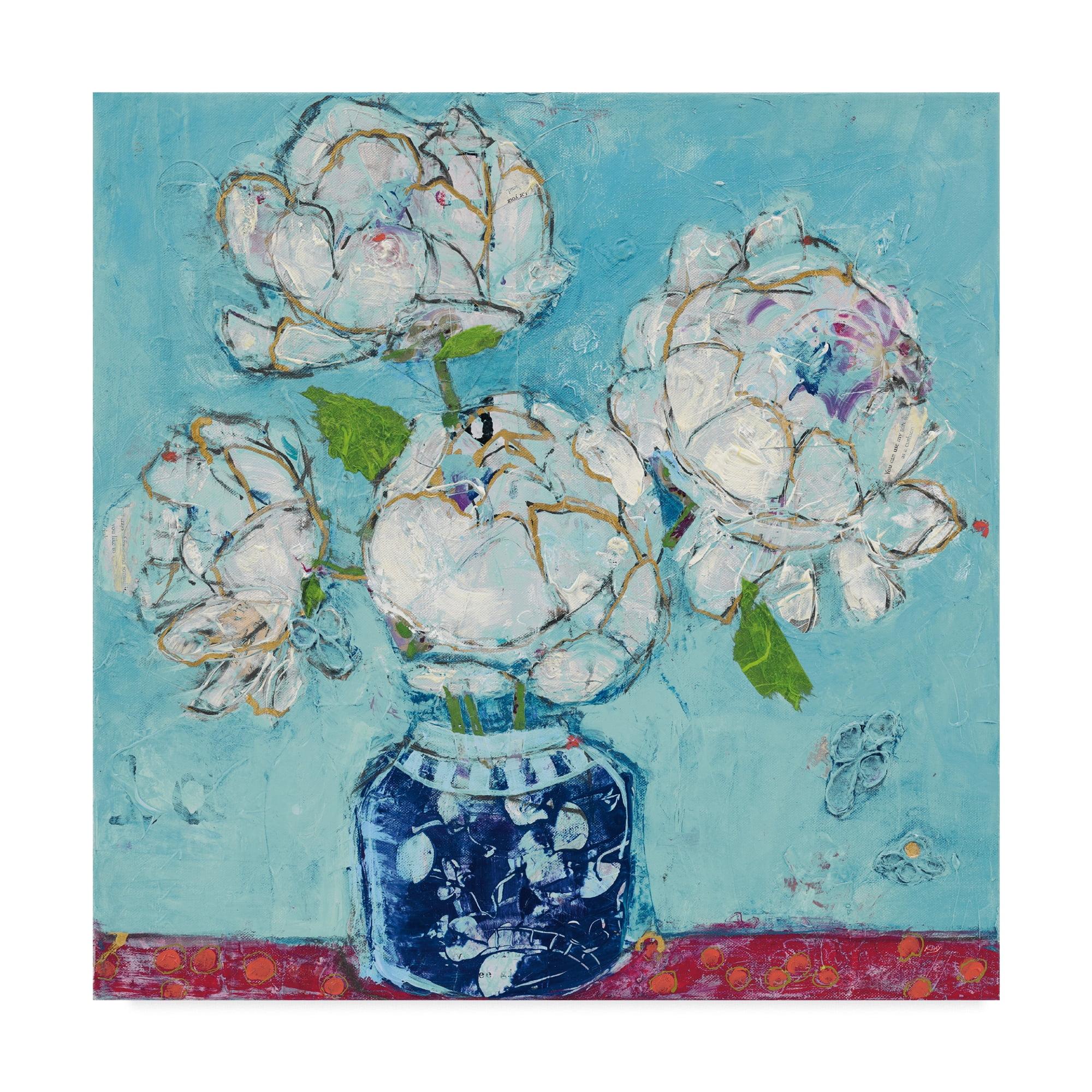 Floral White and Gold Peonies on Blue Canvas Art