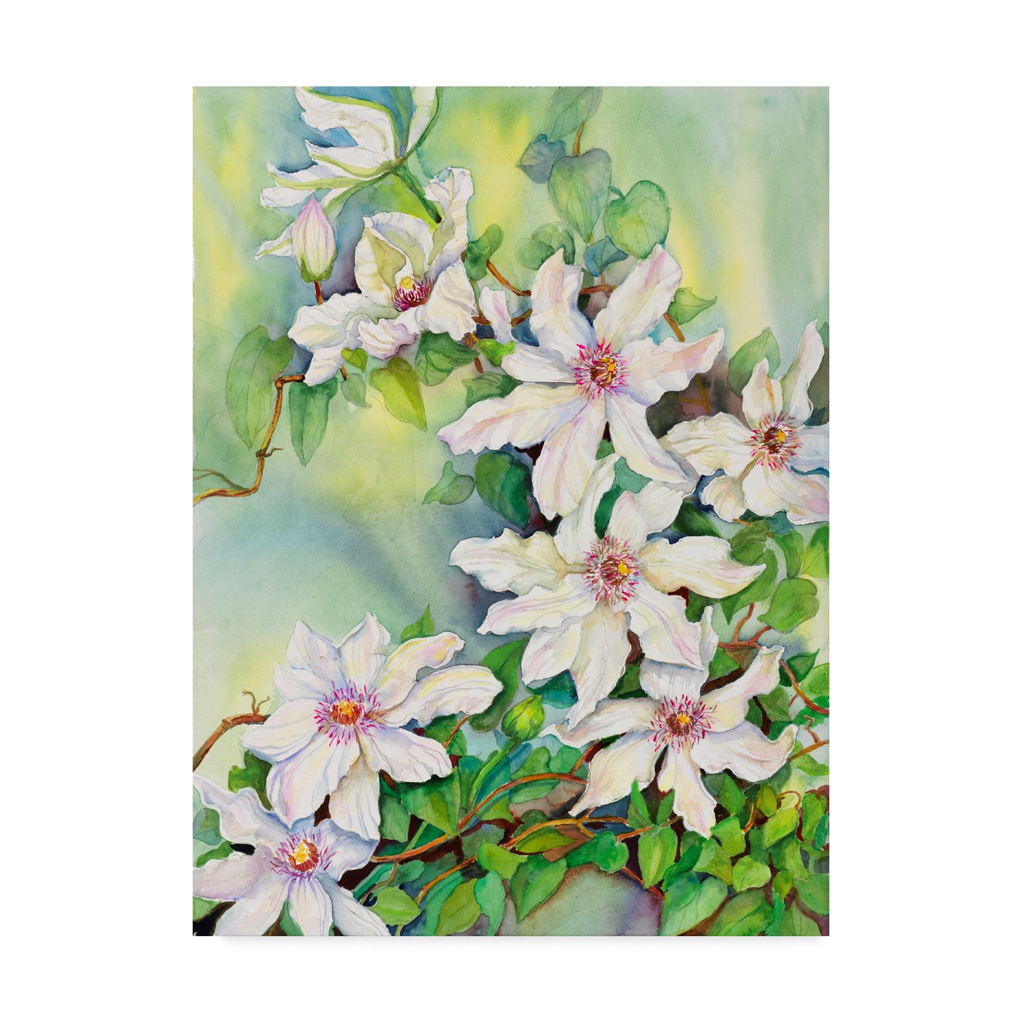 White Clematis Floral Canvas Art with Wooden Frame