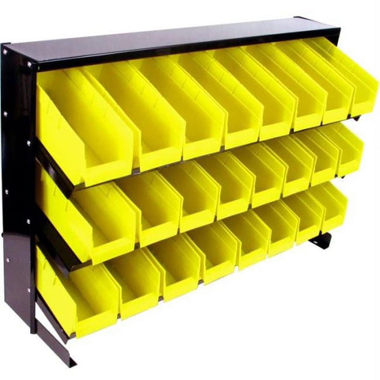 Black Steel Rack with 24 Yellow Plastic Bins