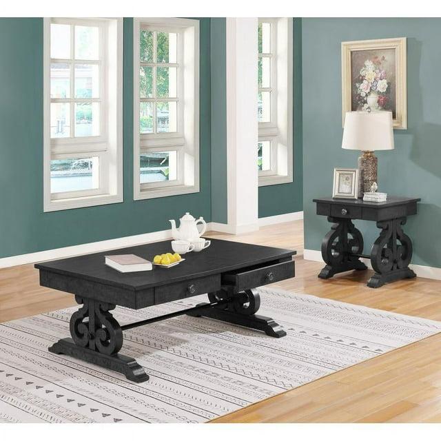 Traditional 2pc Coffee Table Set in Rustic Dark Gray Wood with Drawer Storage