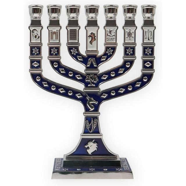 Traditional 7 Branch Jerusalem Menorah with Enamel Finish, Featuring the 12 Tribes of Israel, Jewish Candle Holders (10.8 Inch)
