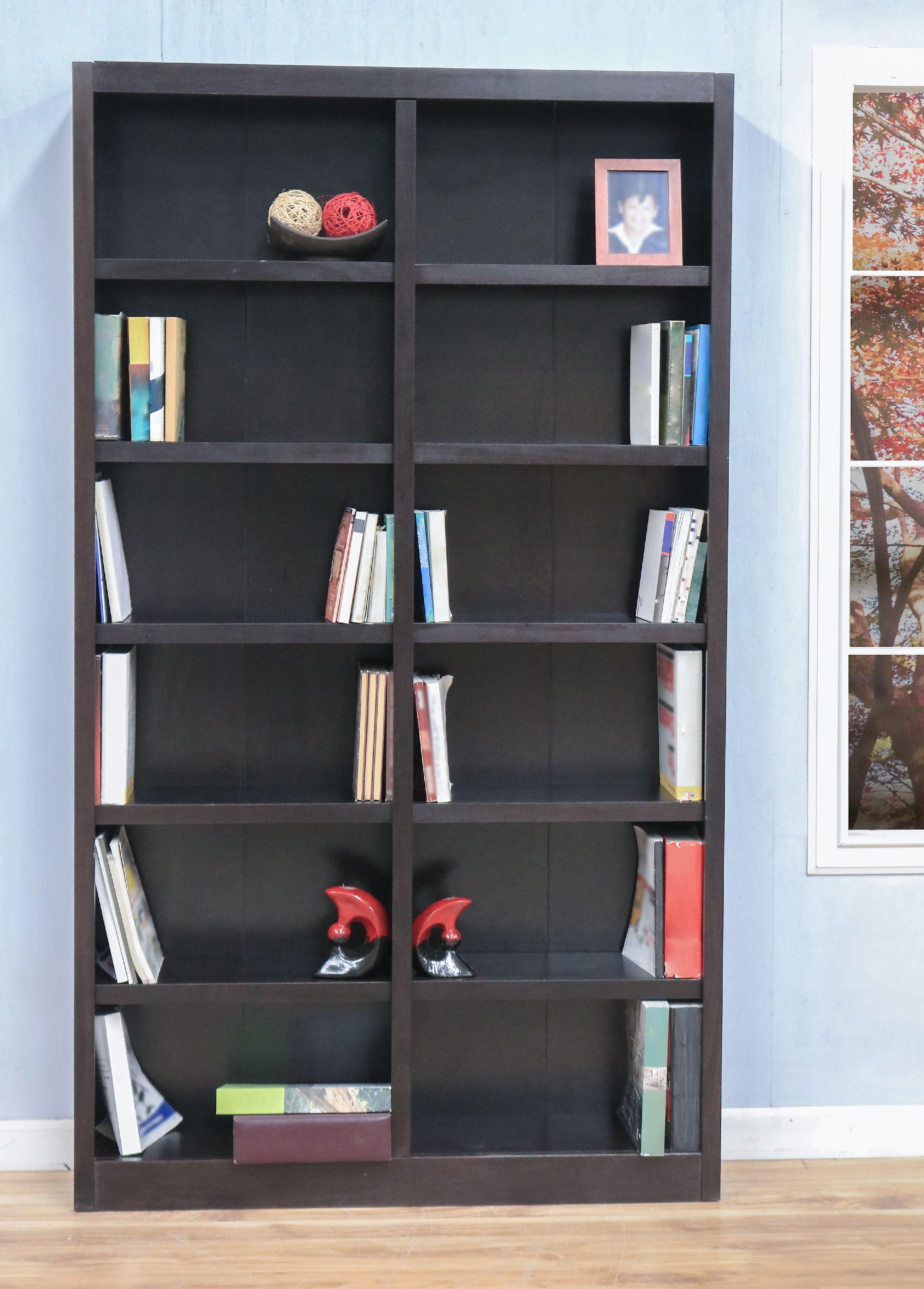 Espresso Finish Solid Wood Double Wide 12-Shelf Adjustable Bookcase