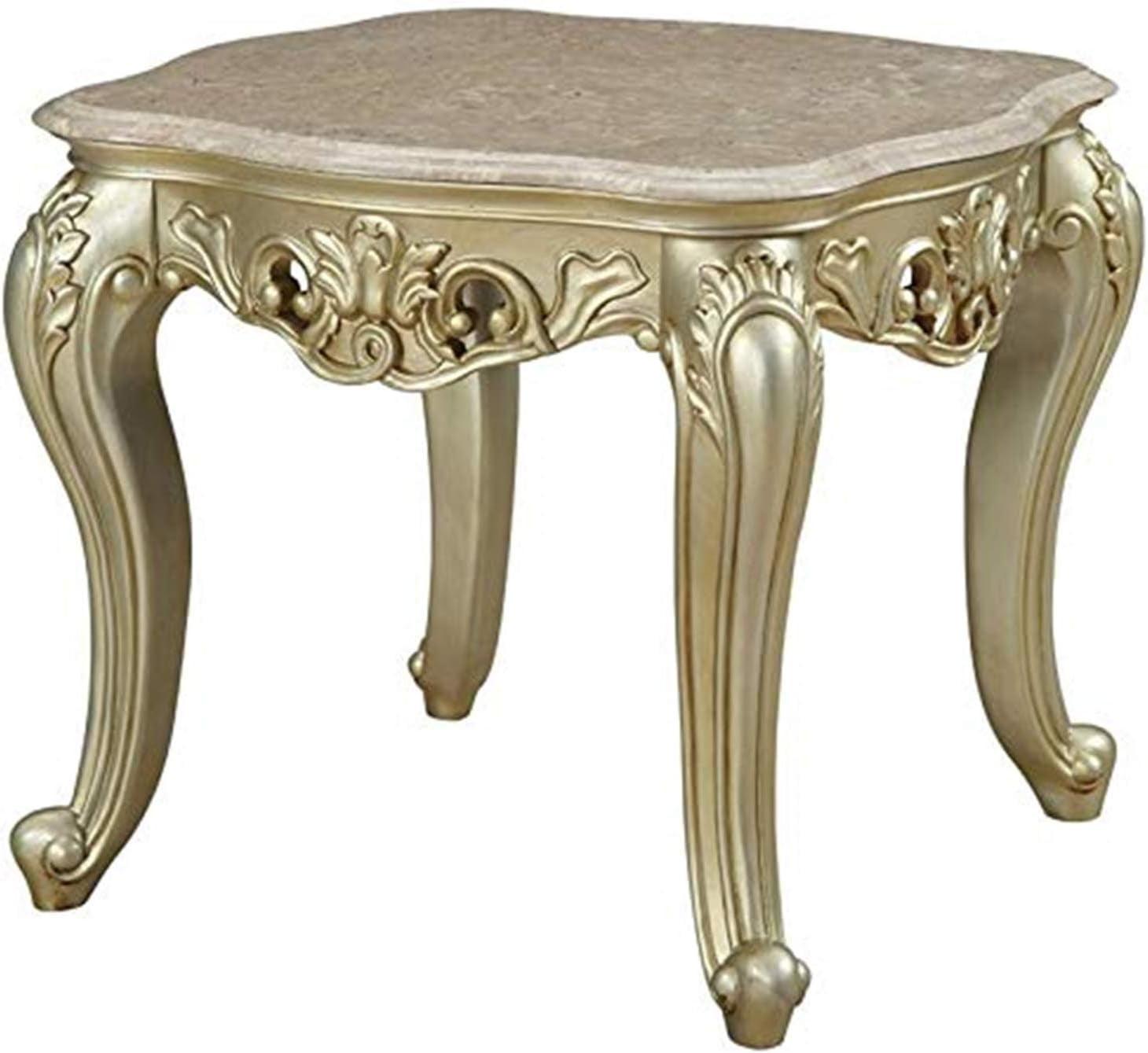 Antique White Marble and Wood End Table with Carved Floral Motifs