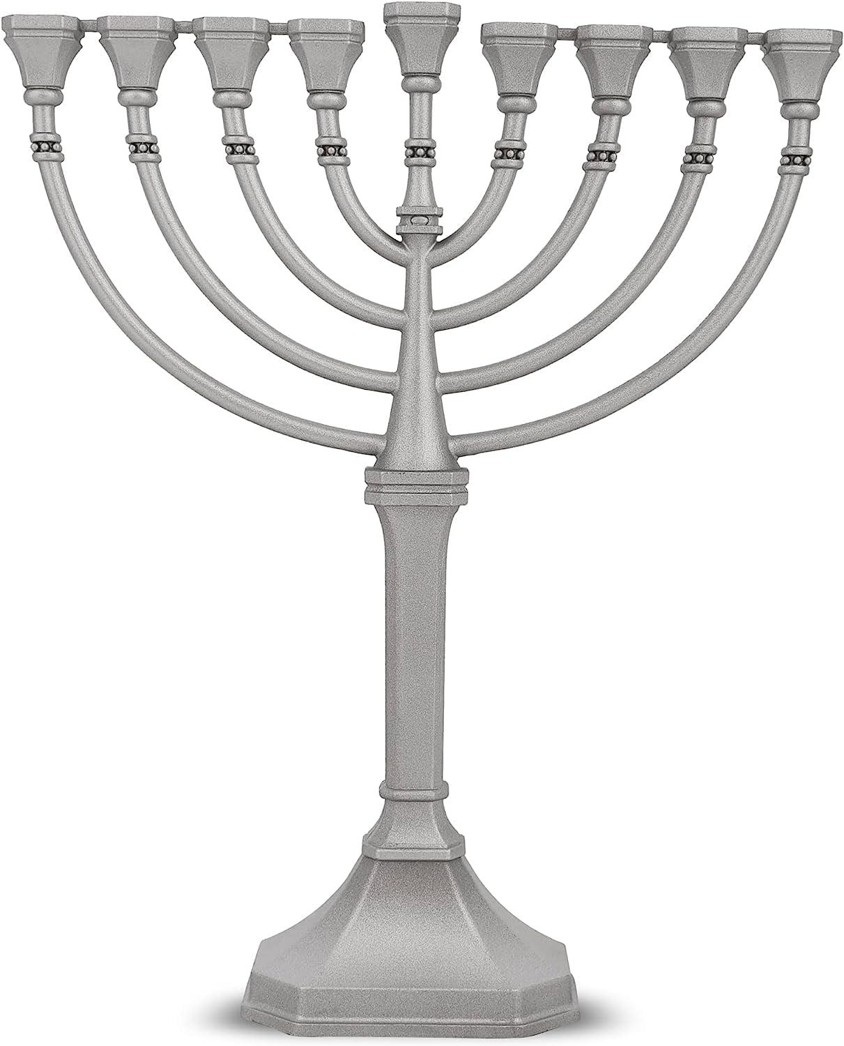 Traditional Classic Hanukkah Menorah - 9.5" Tall Graceful Style Candle Minorah Precision Die Cast Non Tarnish (Satin Silver) By Zion Judaica