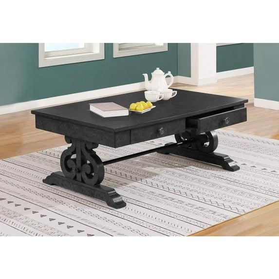 Traditional Coffee Table in Rustic Dark Gray Wood and 2 Storage Drawers