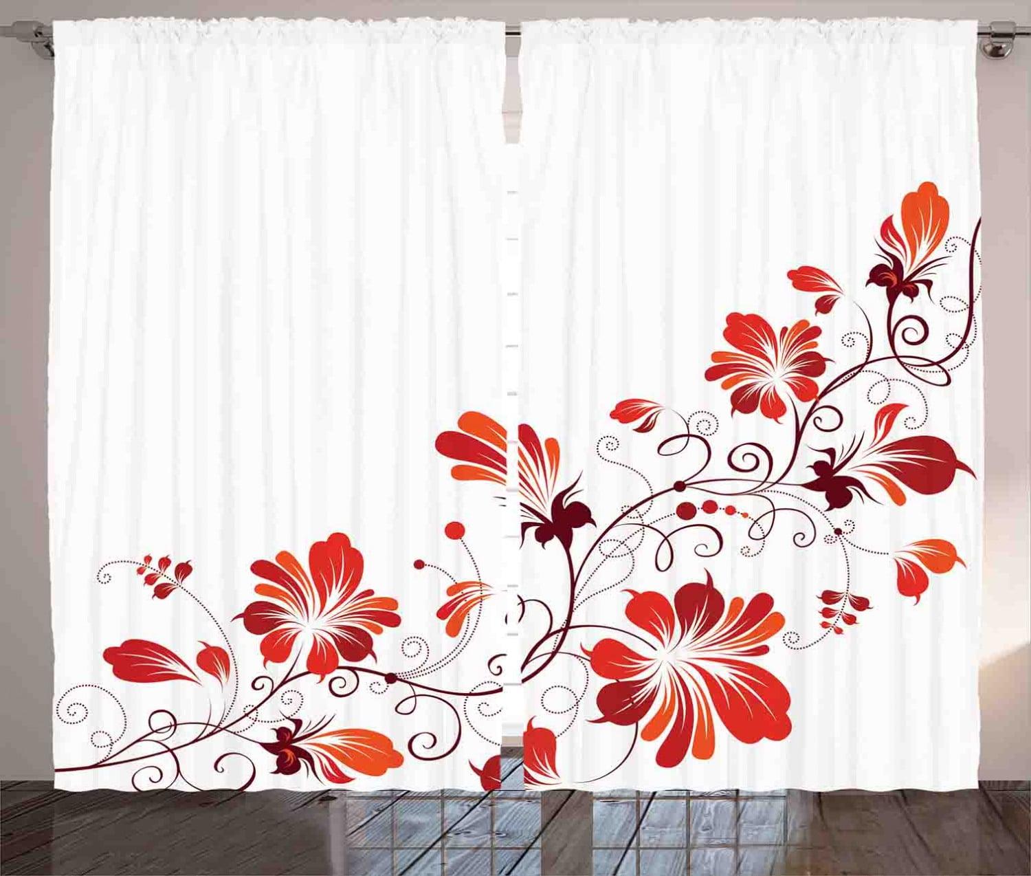 White and Red Floral Lace Sheer Rod Pocket Curtain Panels, 84" x 108"