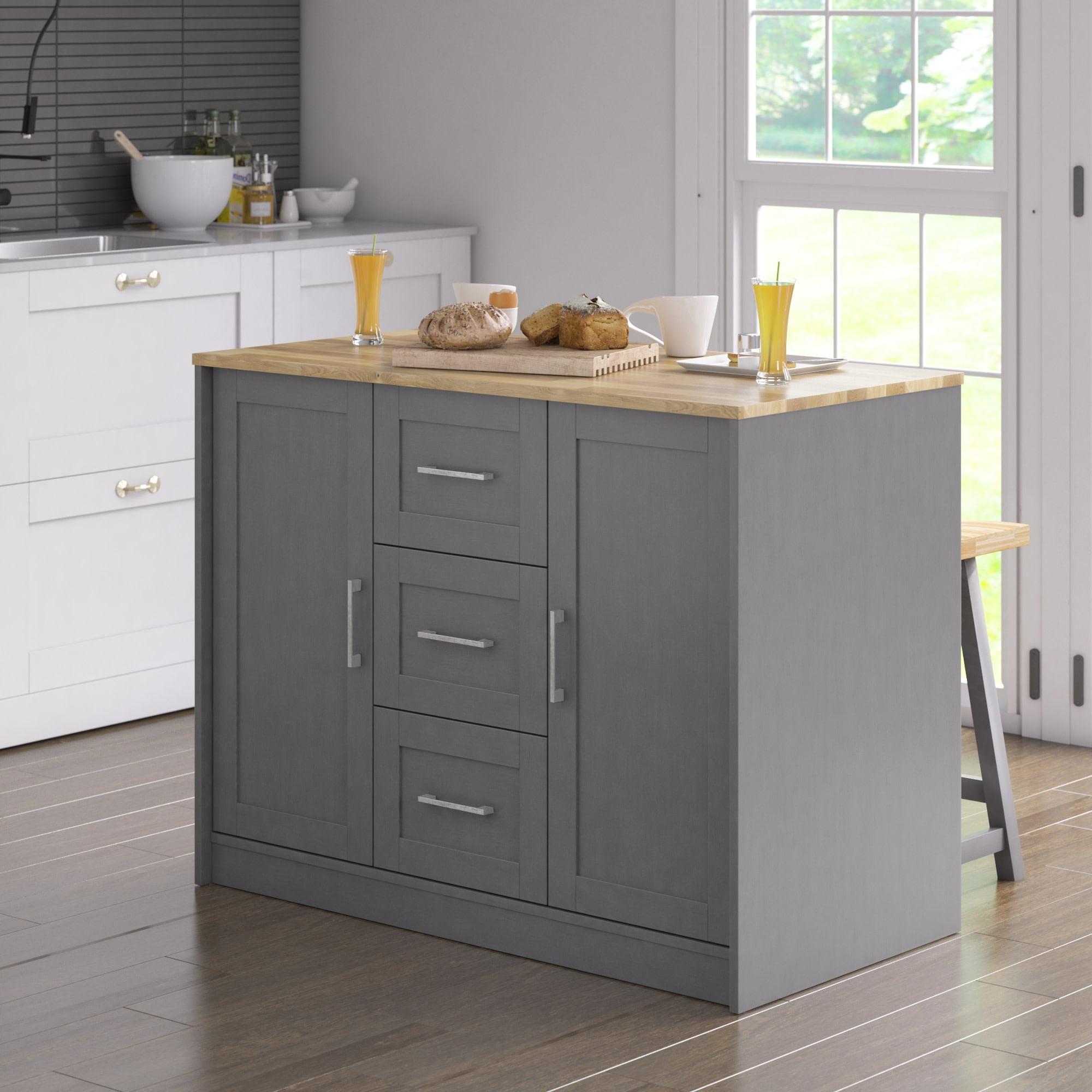 Antique Gray Traditional Kitchen Island with Butcher Block Top