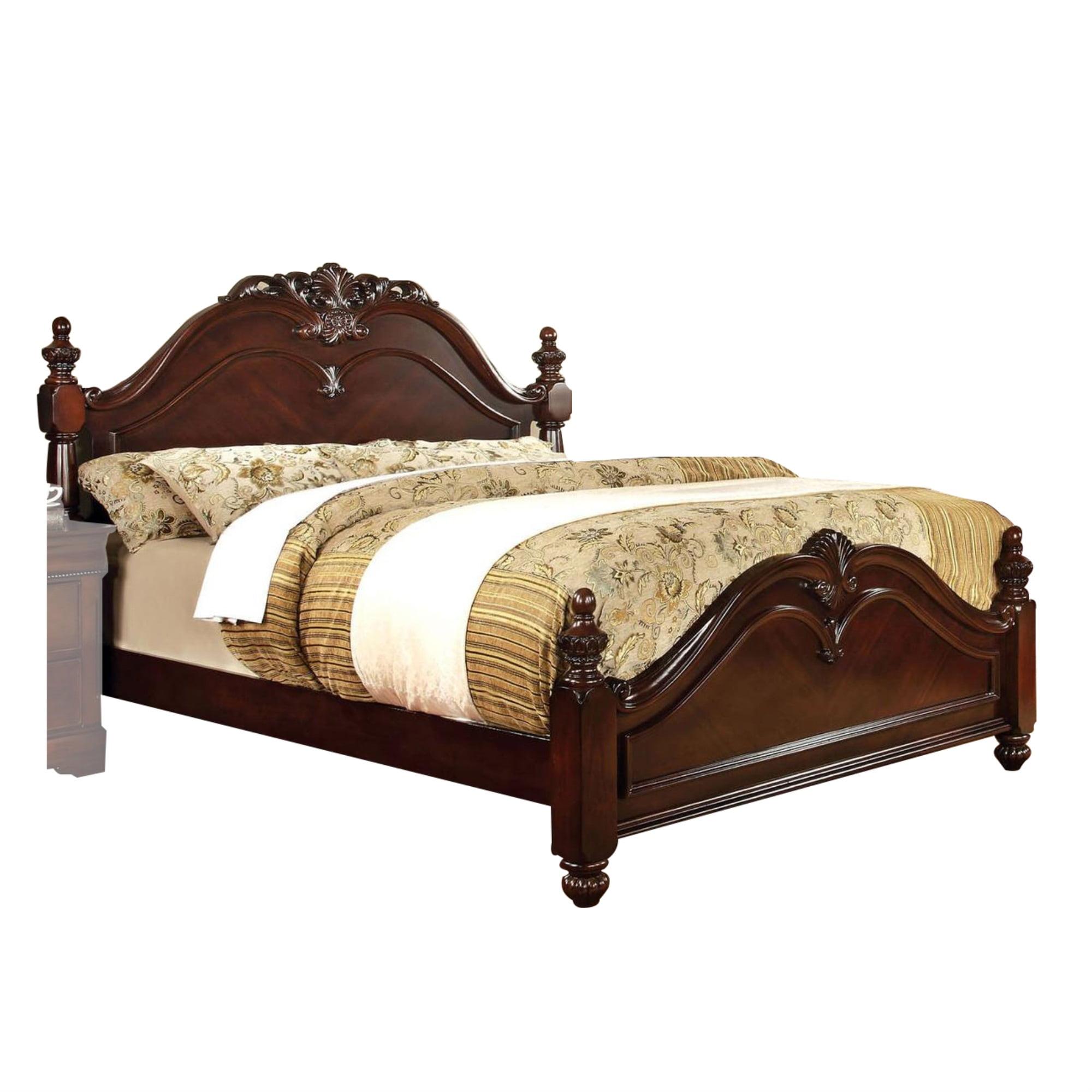 HomeStock Traditional Style California King Wooden Bed With Floral Carvings, Brown