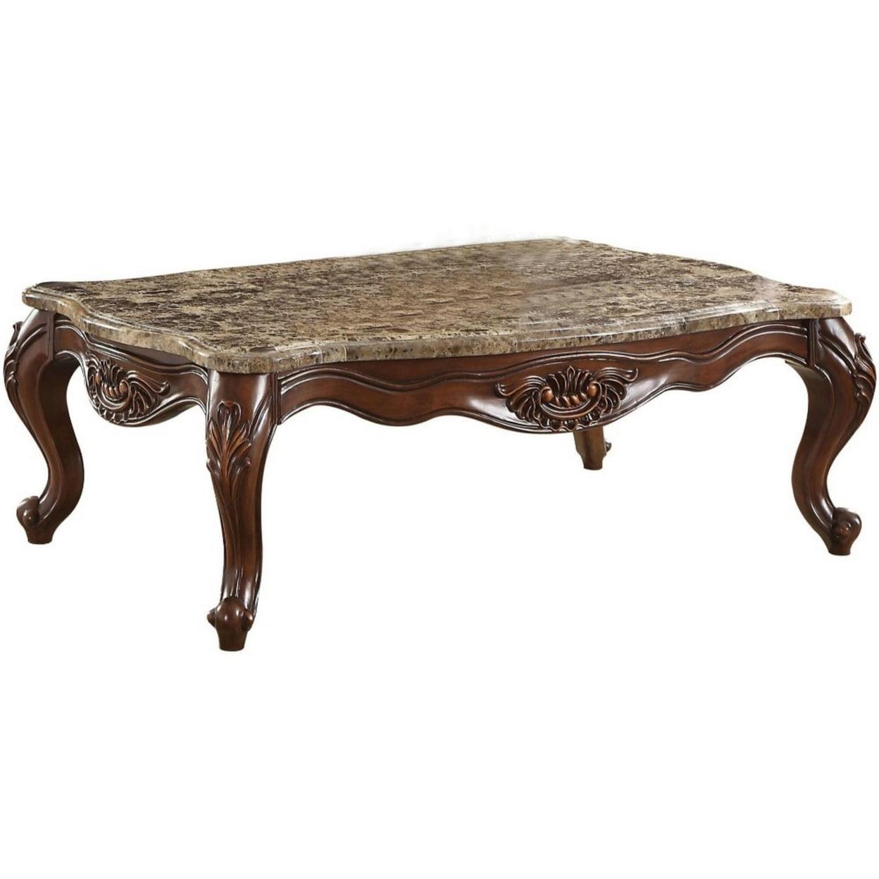 Traditional Cherry Oak and Marble Rectangular Coffee Table