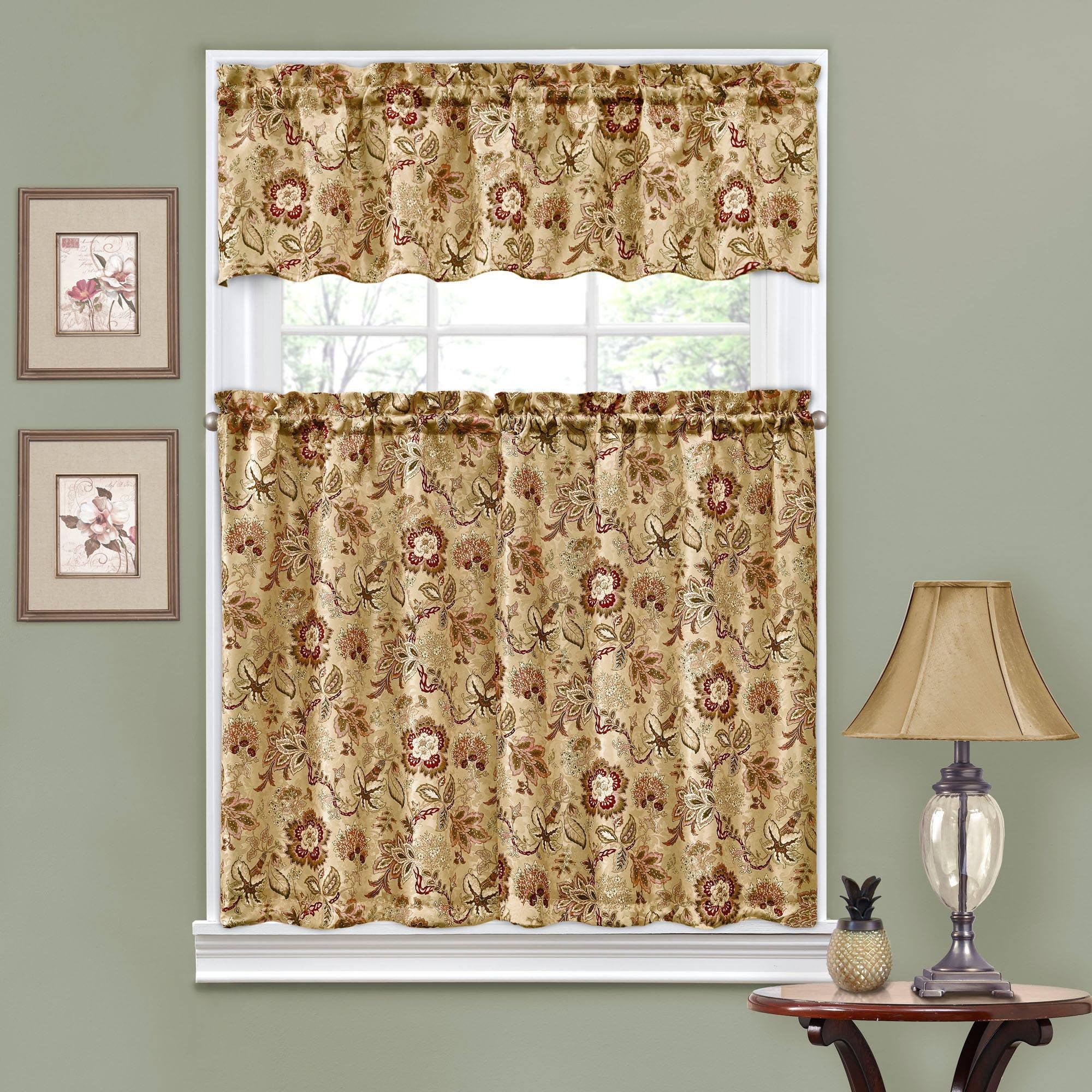 Beige Floral Polyester Sill Length Tier Curtains Set