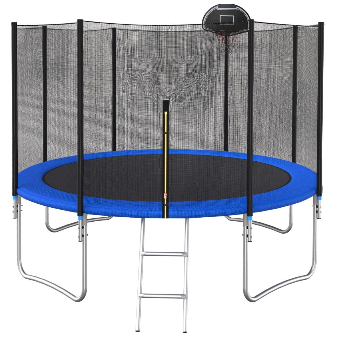 12FT Blue Round Trampoline with Safety Enclosure and Basketball Hoop