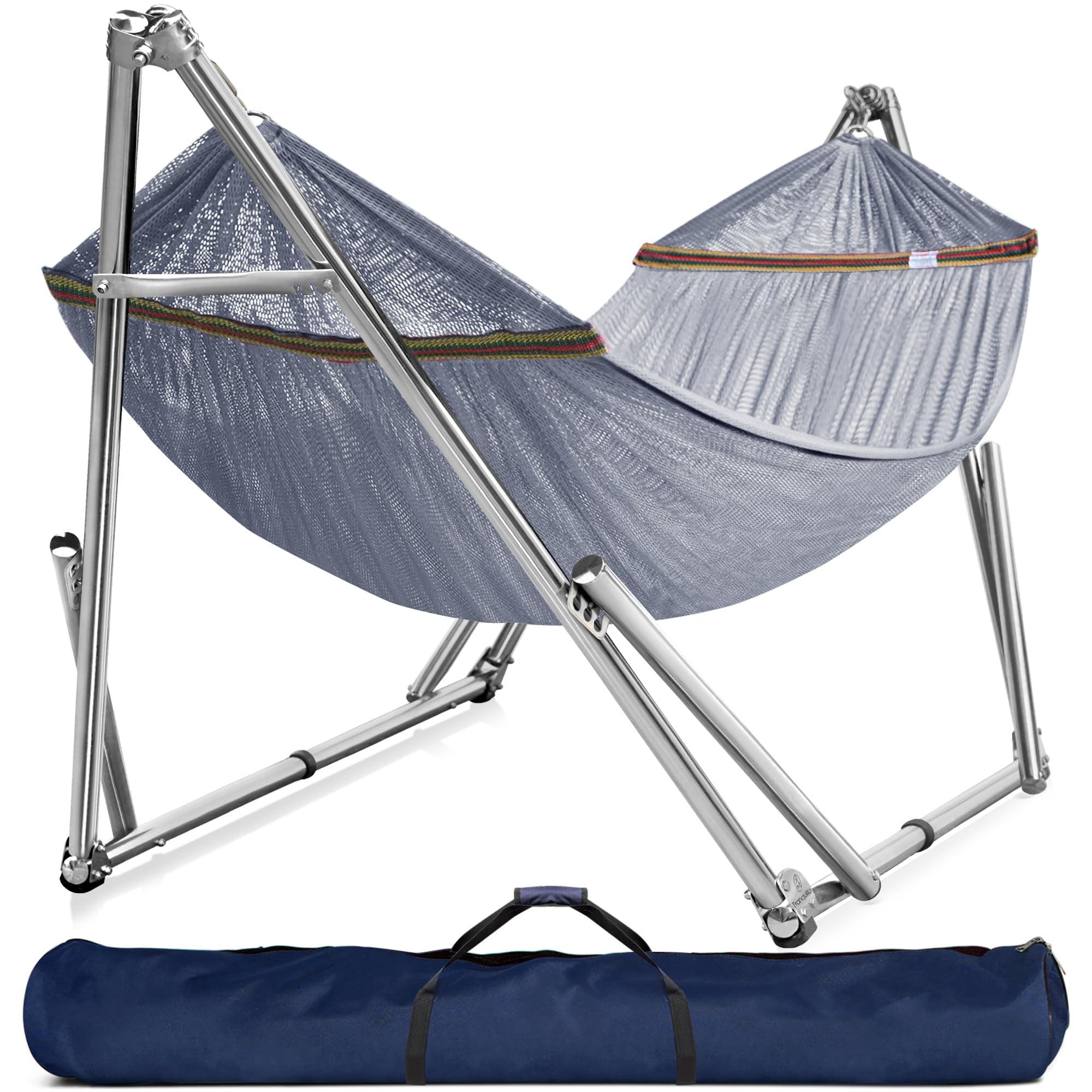 Tranquillo Adjustable Hammock Stand, Collapsible Camping Hammock and Stand, 650 lbs Capacity Deluxe Double Hammock Stand for 2 Persons, Portable Everywhere Easy Assembly Non-Slip and Noise-Free, Grey