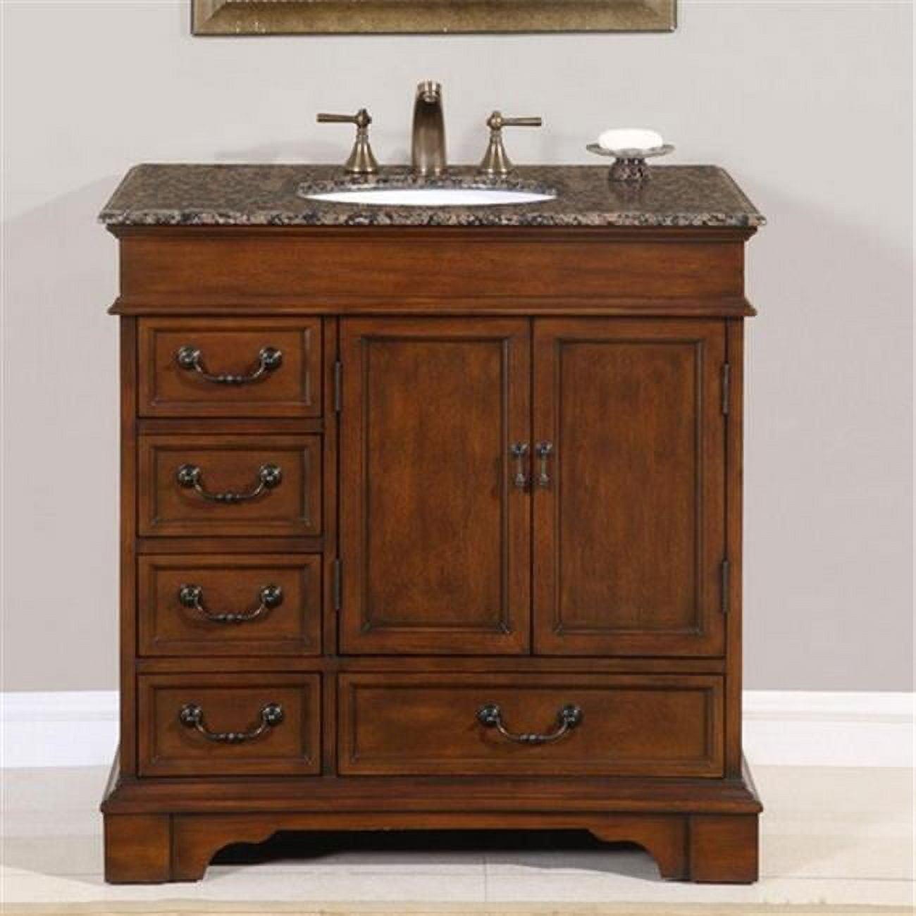 Silkroad Exclusive Transitional Baltic Brown Granite Bathroom Vanity- Single Sink - 36 in. Wide