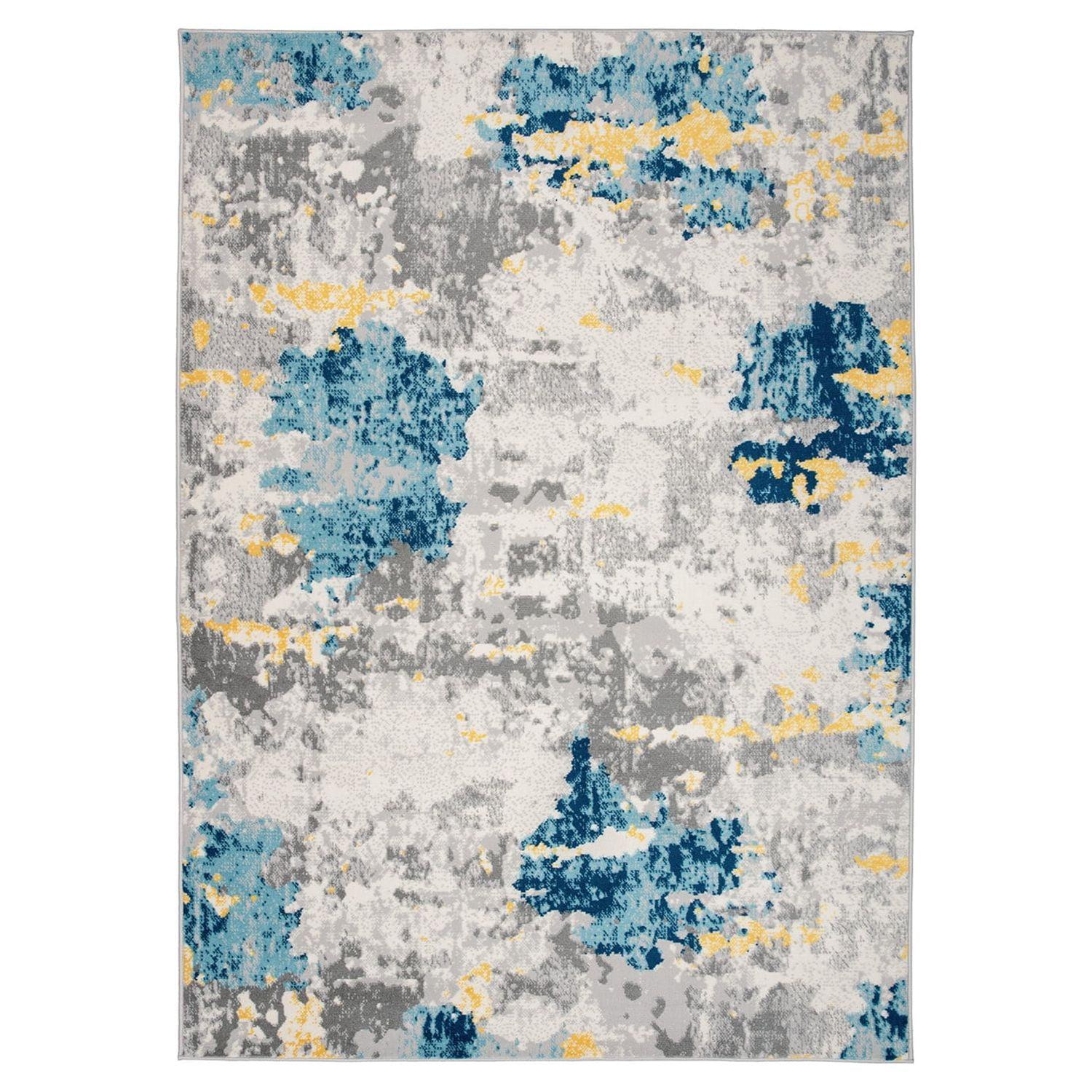 Cream and Blue Abstract Synthetic 5' x 7' Area Rug