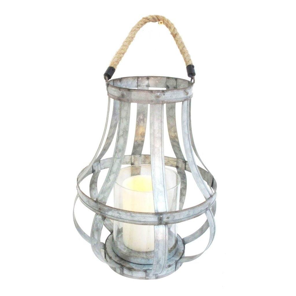 Rustic Gray Metal Cage Hurricane Candle Holder with Glass Shade and Rope