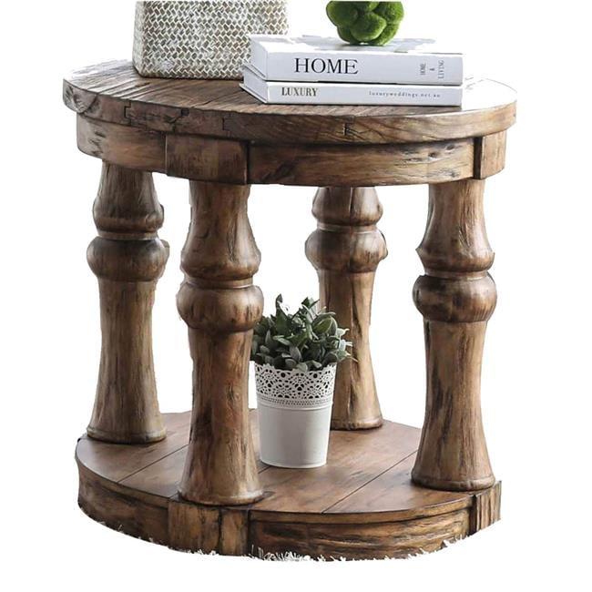 Antique Oak Transitional Round Wood End Table with Storage
