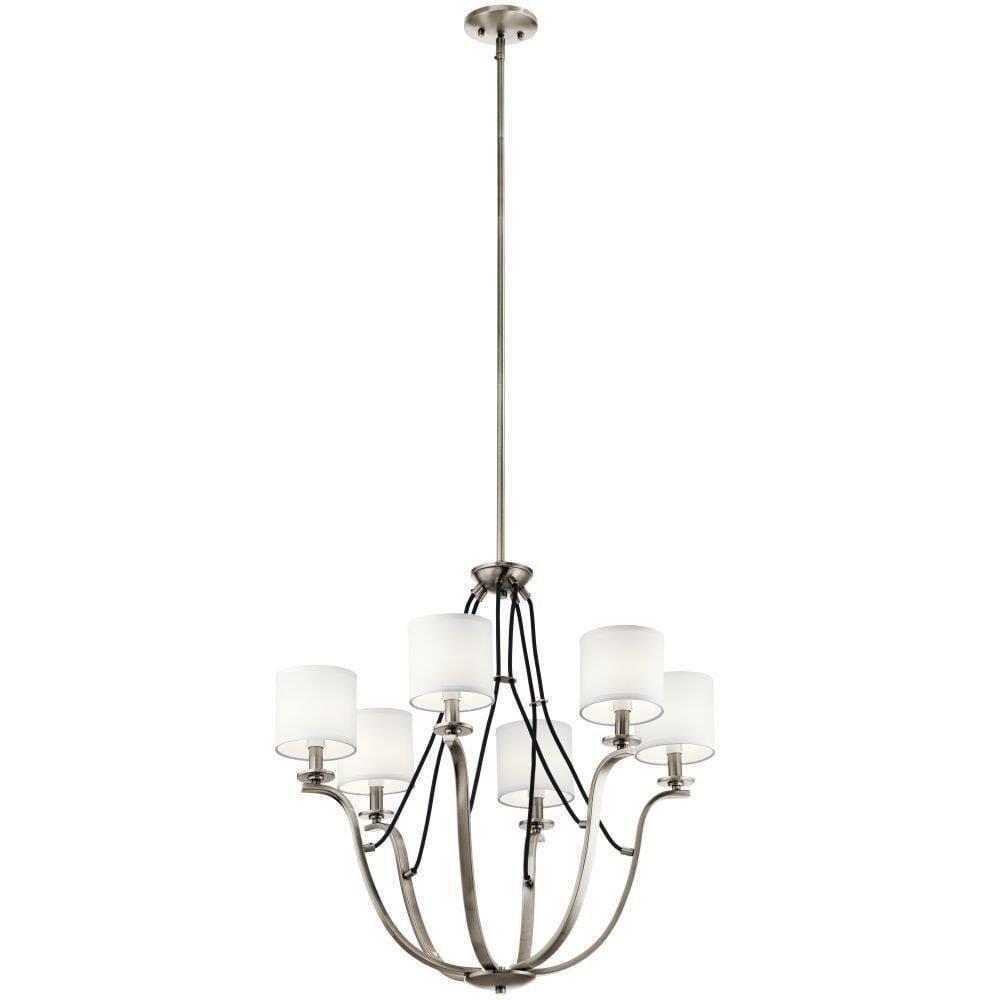 Classic Pewter 6-Light Chandelier with White Drum Shades