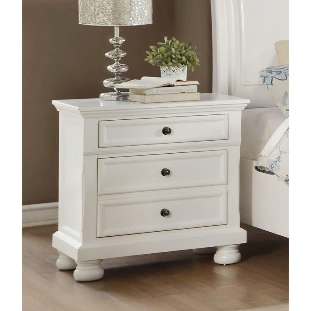 White Wooden Nightstand with Hidden Drawer and Bun Legs