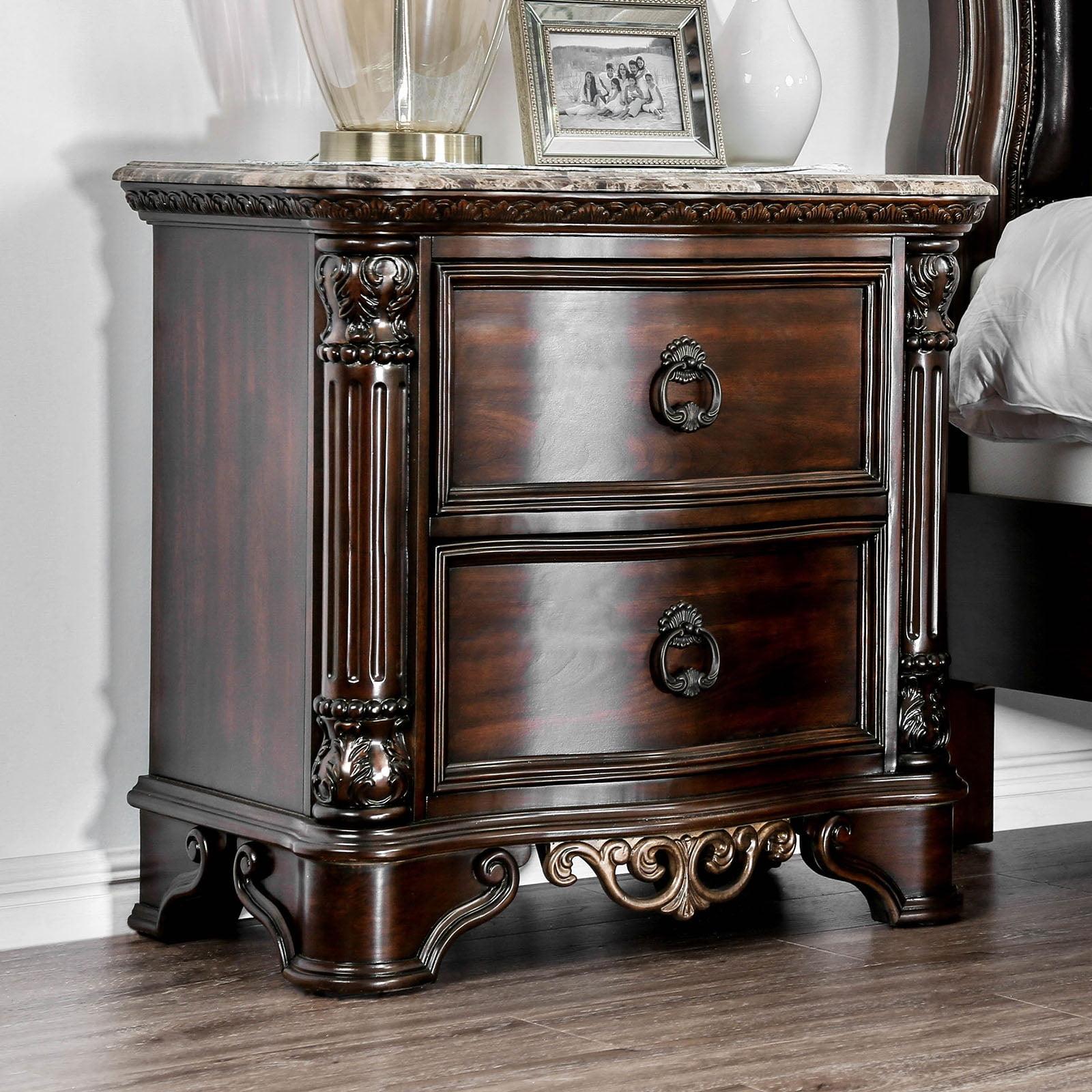 Transitional Cherry Brown Nightstand with Genuine Marble Top and Antique Drawer Pulls