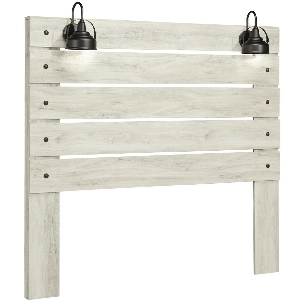 Whitewash Queen Wood Panel Headboard with Storage and Lights