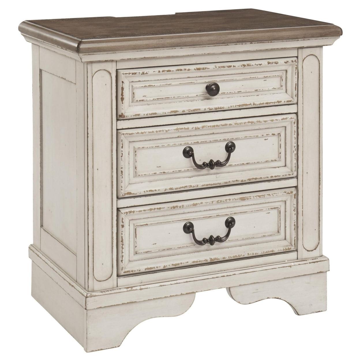 White Distressed Wood 3-Drawer Nightstand with Open Top