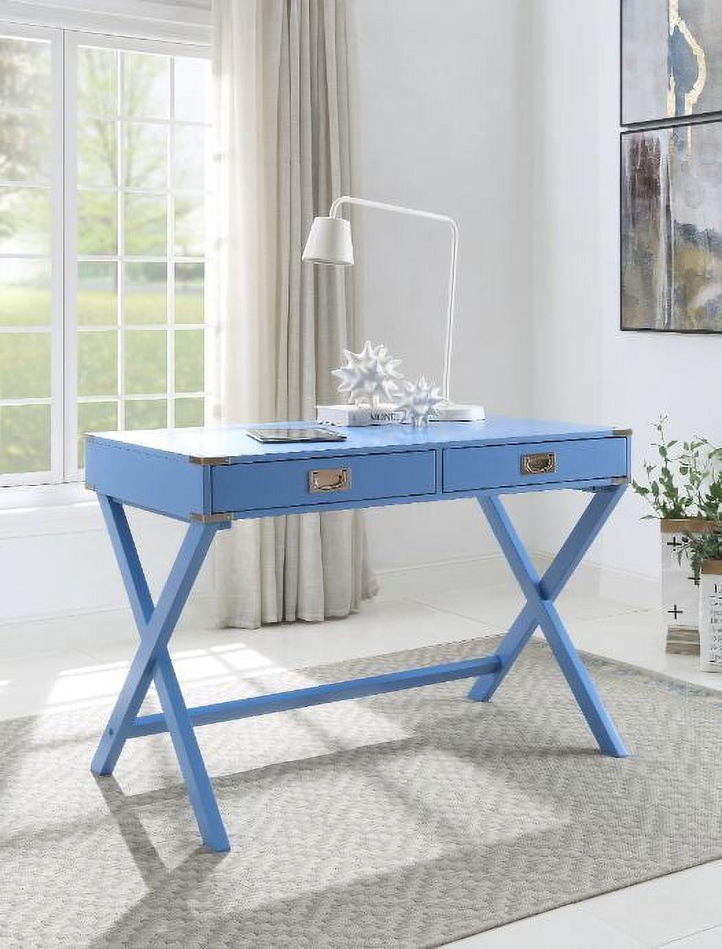 Amenia Blue Finish Rectangular Writing Desk with X-Shaped Base and Metal Accents