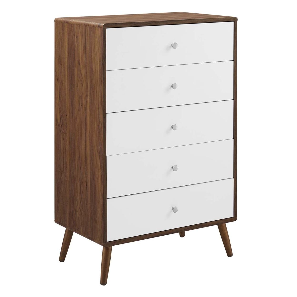 Mid-Century White and Walnut 5-Drawer Dresser with Chrome Pulls