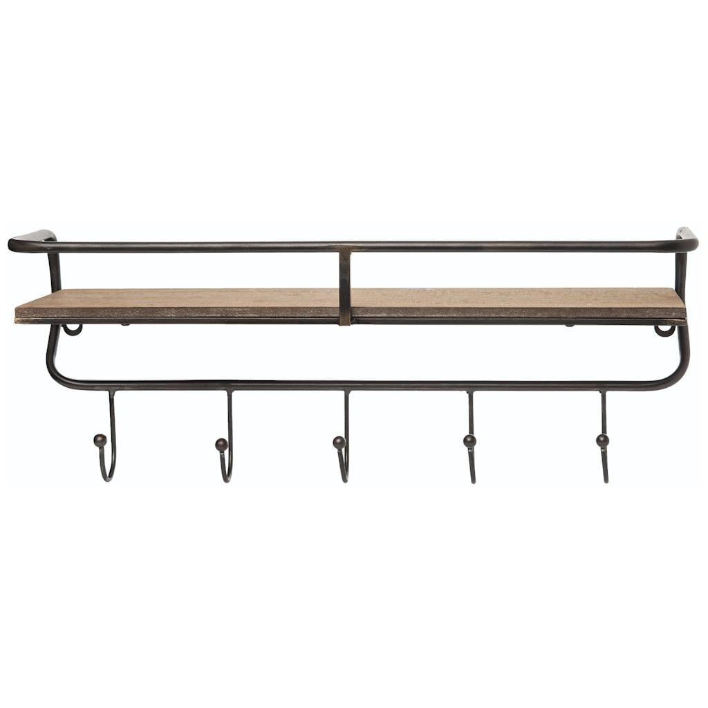 Brown Metal and Wood Wall Rack with Shelf and Hooks