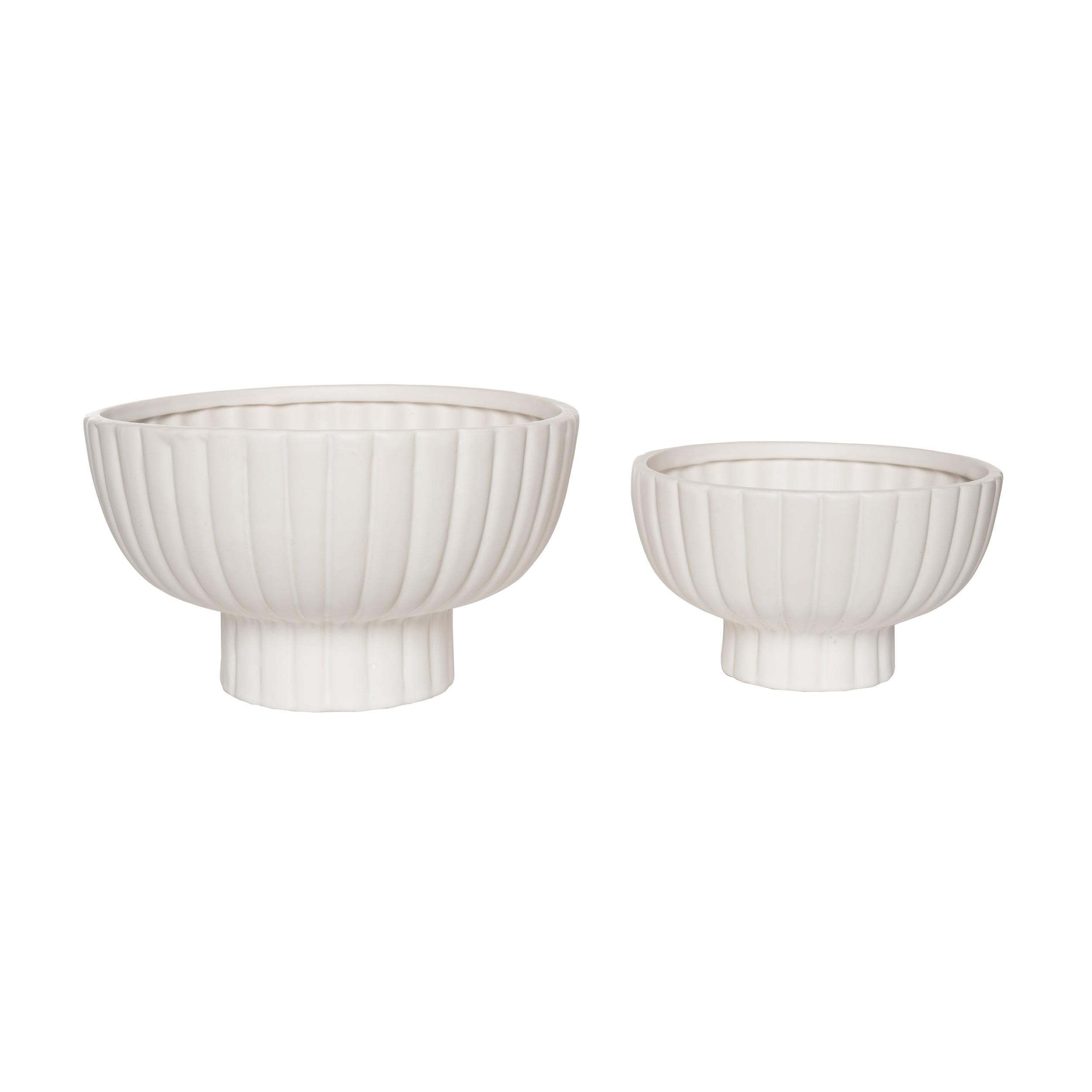 Transpac Dolomite 10 in. White Spring Fluted Pedestal Bowl Set of 2