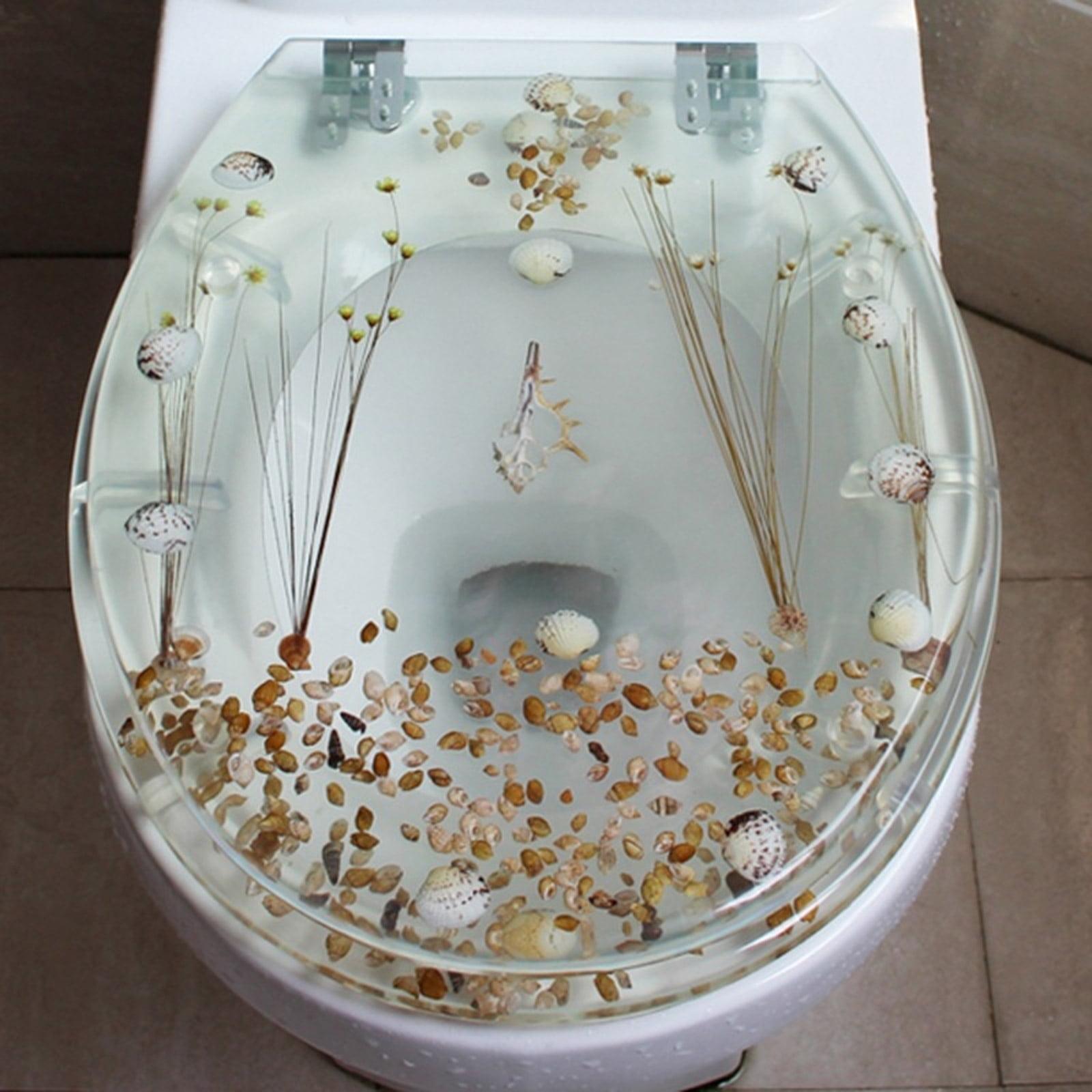 Transparent Resin Shell Polyresin Toilet Seat, Decoration Transparent Safety U/V Shape Seashell Sea Plants Decor Bathroom Toilet Seat with Hinges