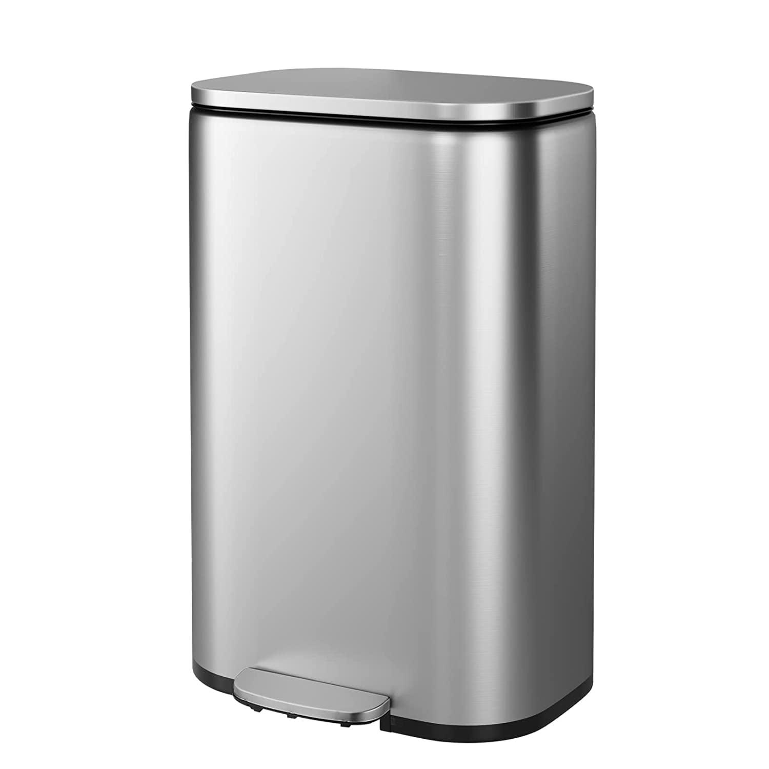 Rongfun 13 Gallon/50 L Garbage Can Kitchen Trash Can with Lid for Office Bedroom Bathroom Step Trash Bin Fingerprint-Proof Brushed Stainless Steel 13 Gallon / 50 Liter