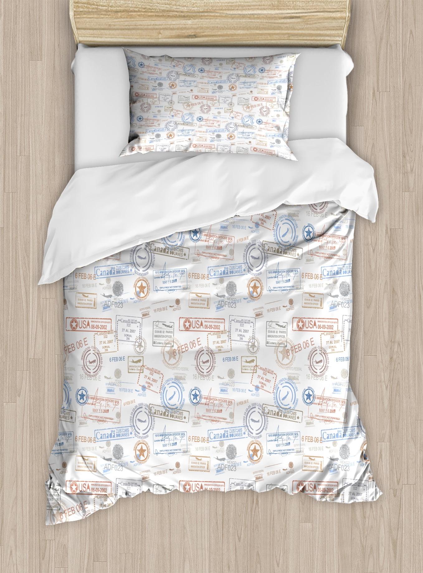 Travel Twin Size Duvet Cover Set, Vintage Old Rubber Stamps Tourist Passport Visa Certificate Vacation Holiday Theme, Decorative 2 Piece Bedding Set with 1 Pillow Sham, Multicolor, by Ambesonne