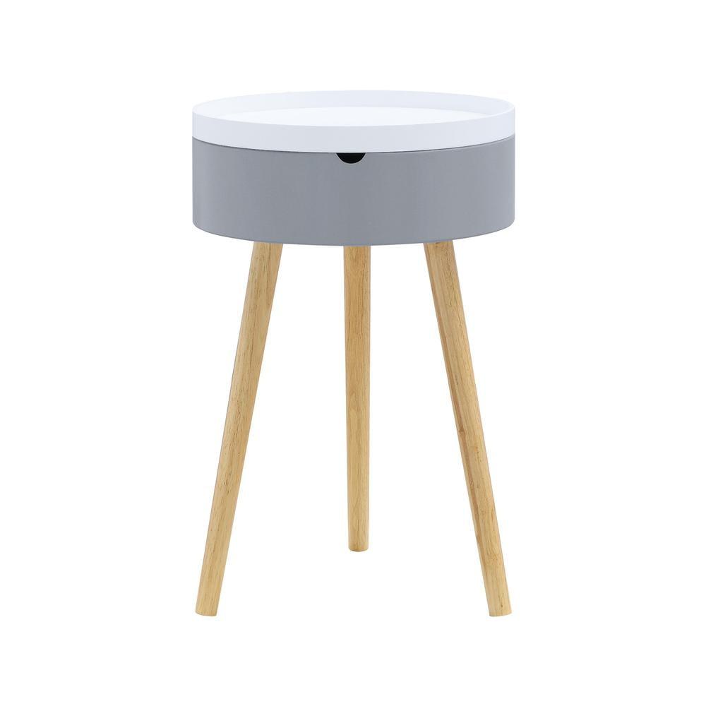 Gray and White Round Tray Top End Table with Natural Wood Legs