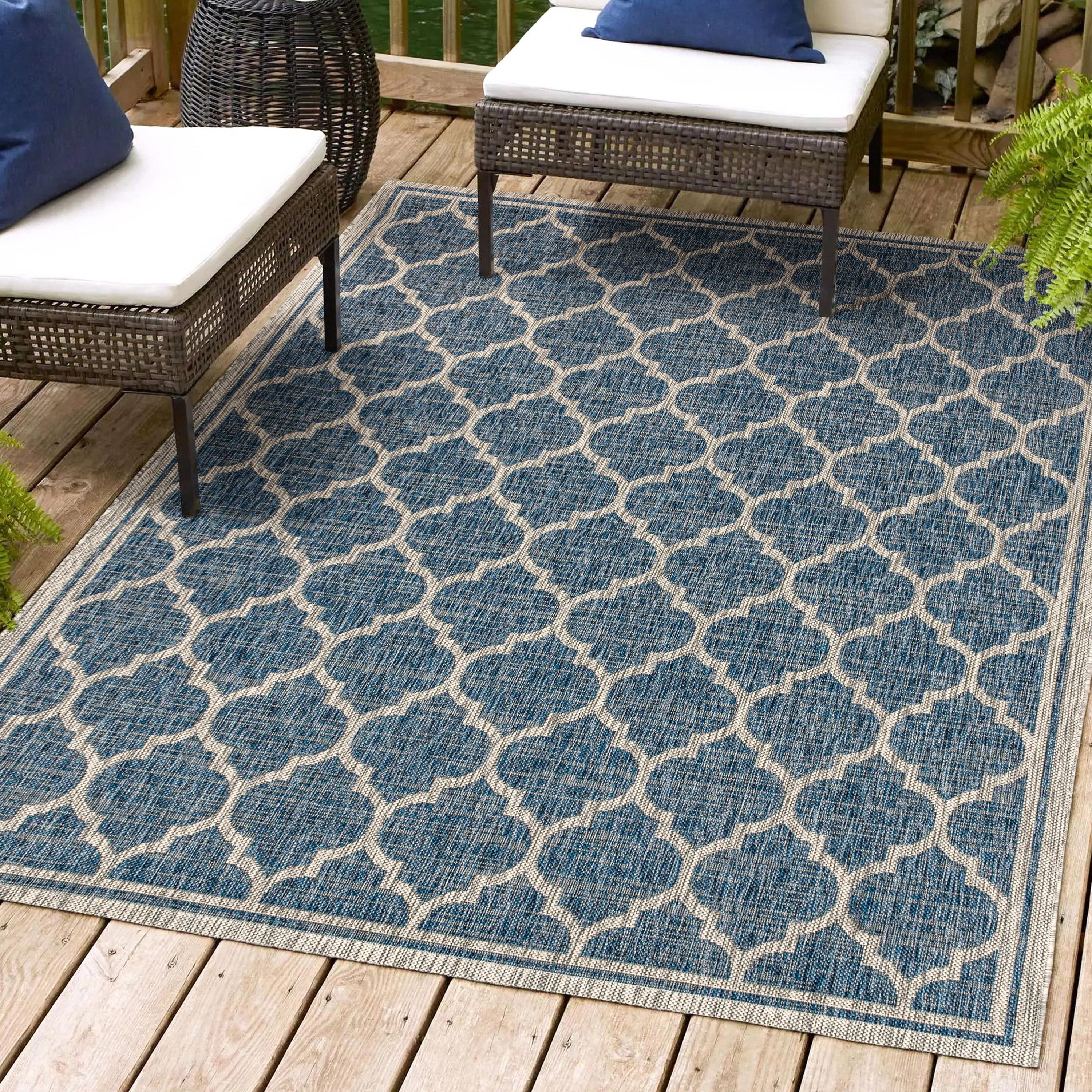 8'x10' Trebol Moroccan Trellis Textured Weave Indoor/Outdoor Area Rug, Navy/Gray - JONATHAN Y