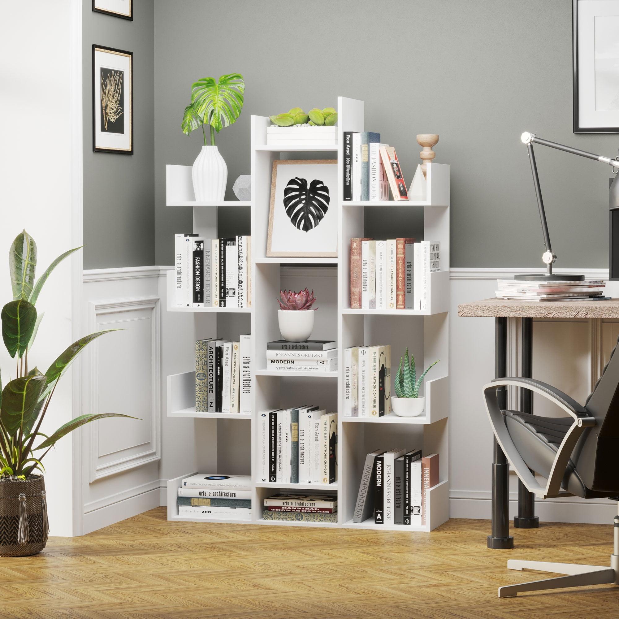 White Modern Tree-Shaped Freestanding Bookcase with 13 Shelves