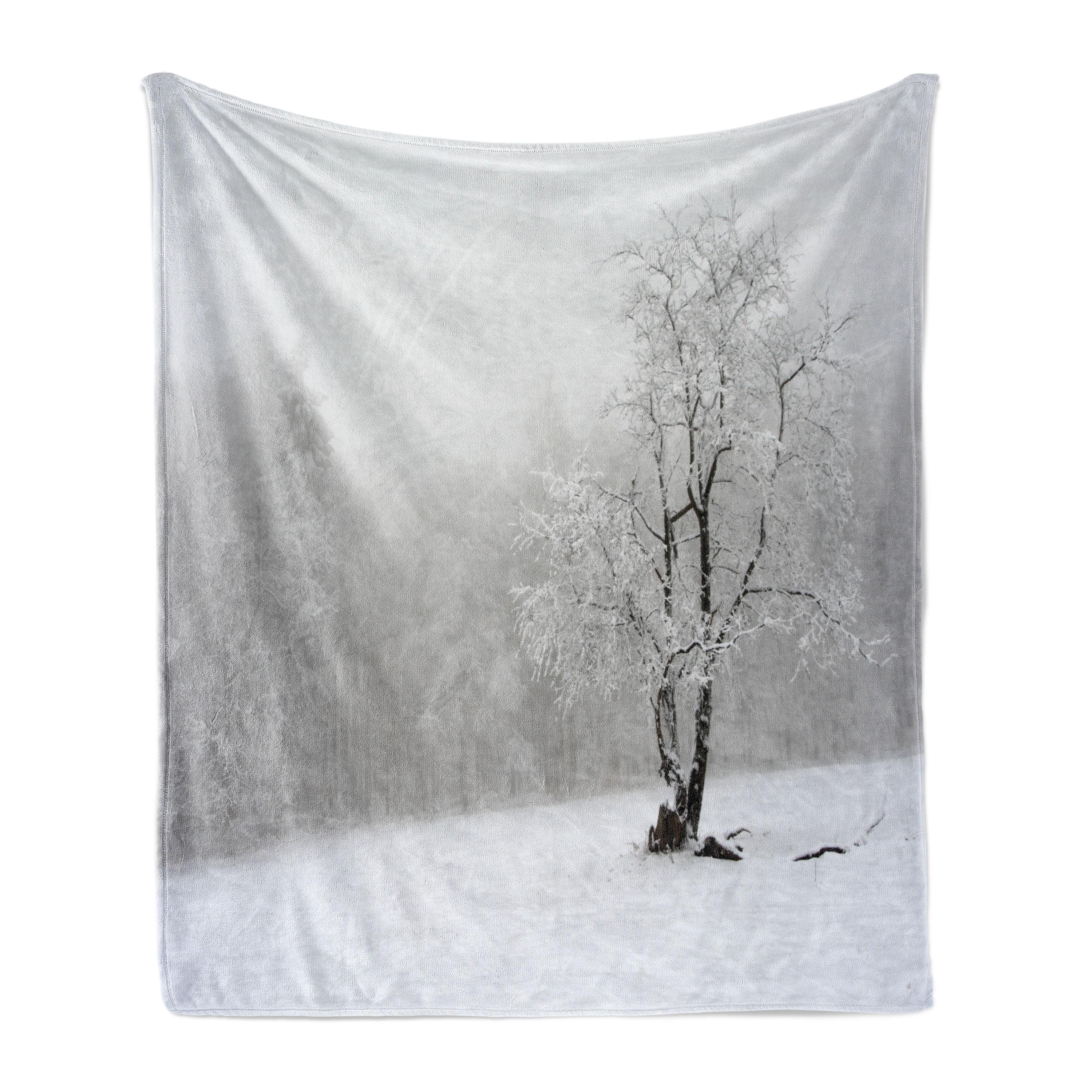 Winter White and Black Fleece Blanket with Snowy Tree Design