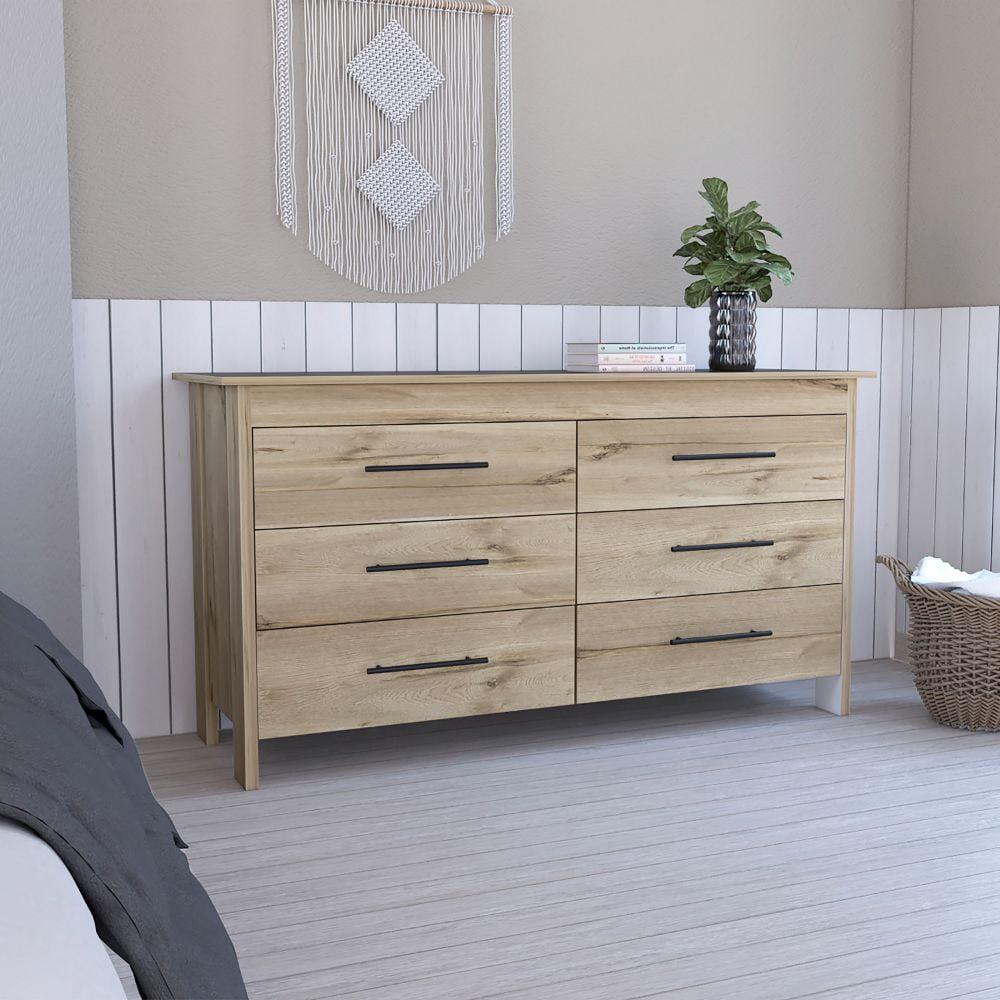 Elegant Oak and White 6-Drawer Double Dresser with Black Metal Pulls