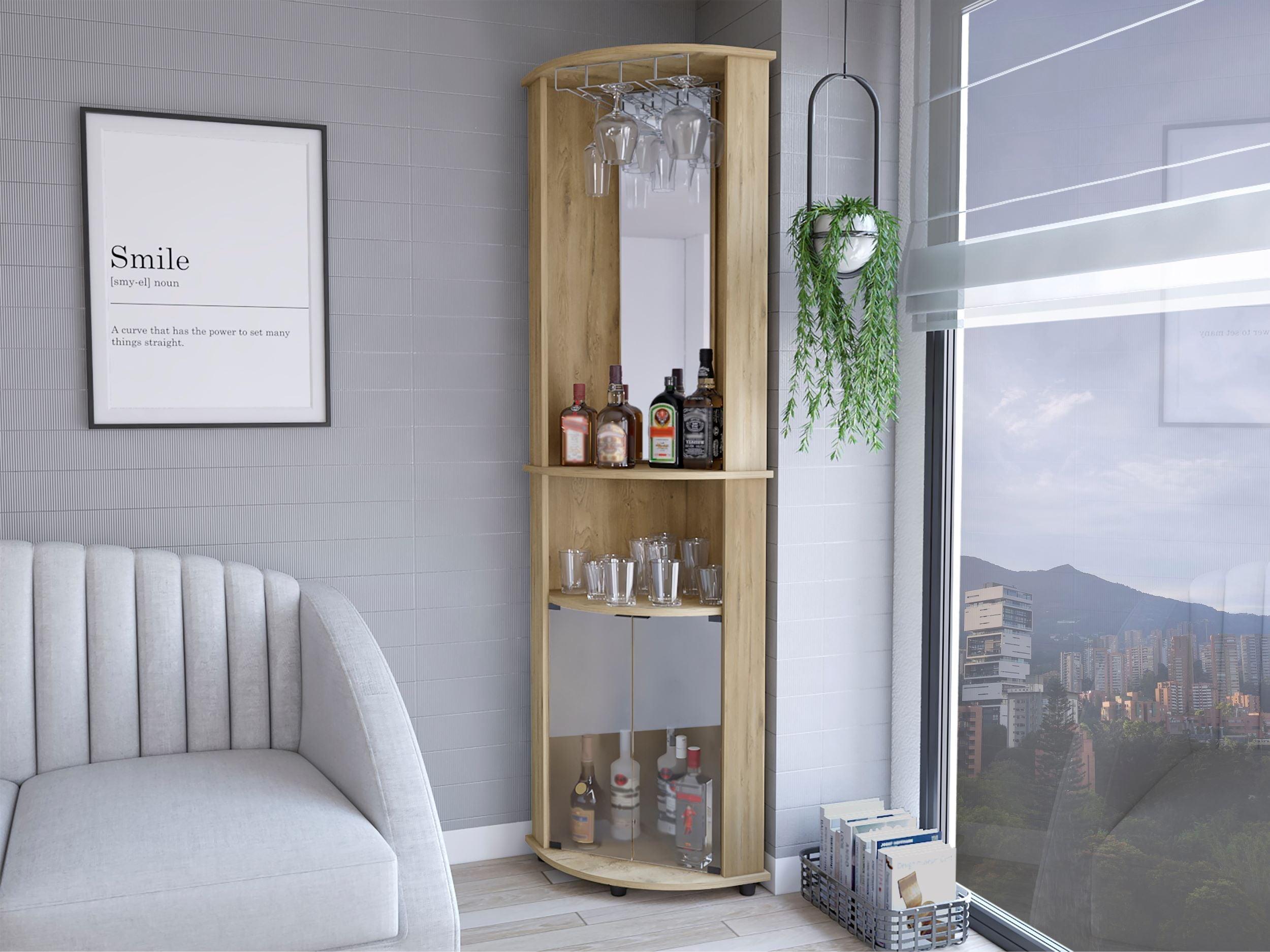 Modern Macadamia Pedestal Bar Cabinet with Powder-Coated Finish