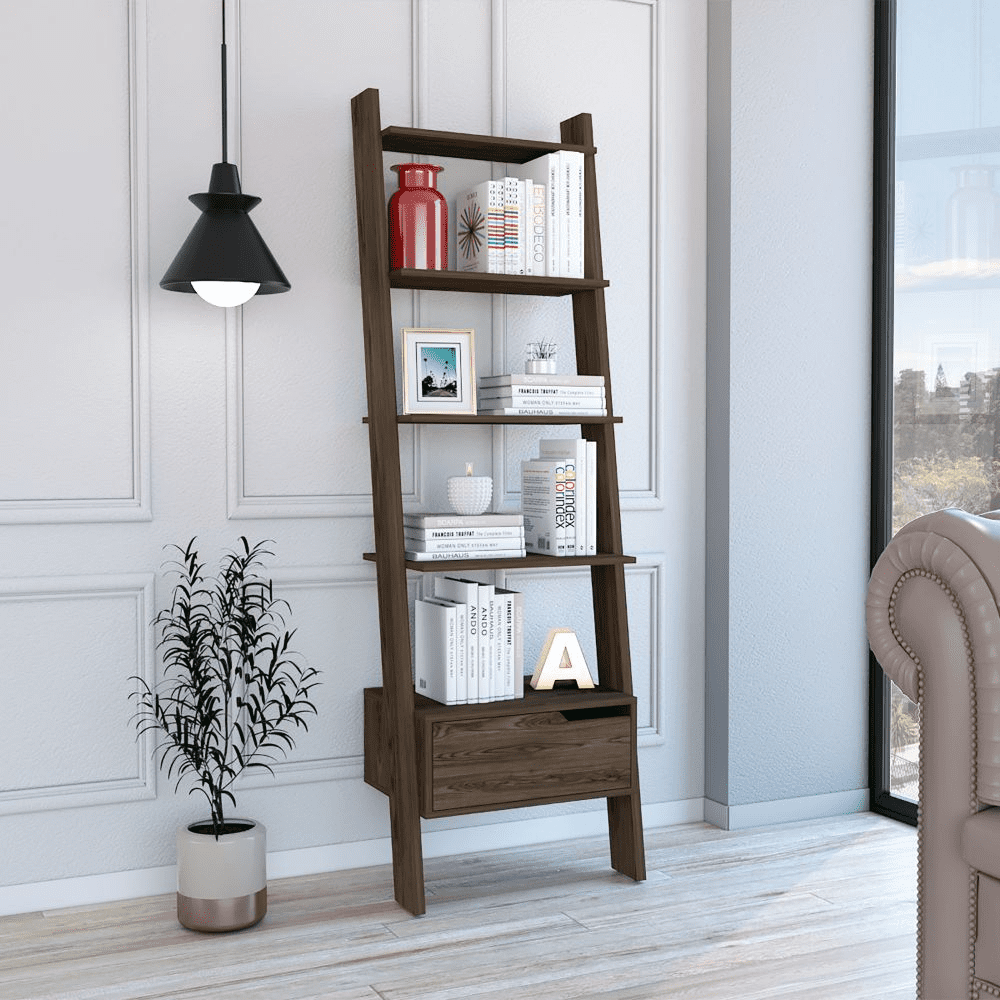 Elegant Dark Walnut Wood Ladder Bookcase with Drawer