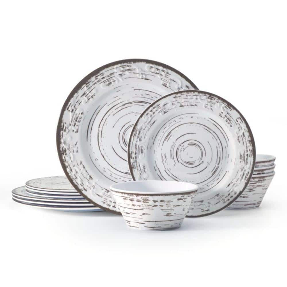 Rustic White Melamine Outdoor Dinnerware Set, Service for 4