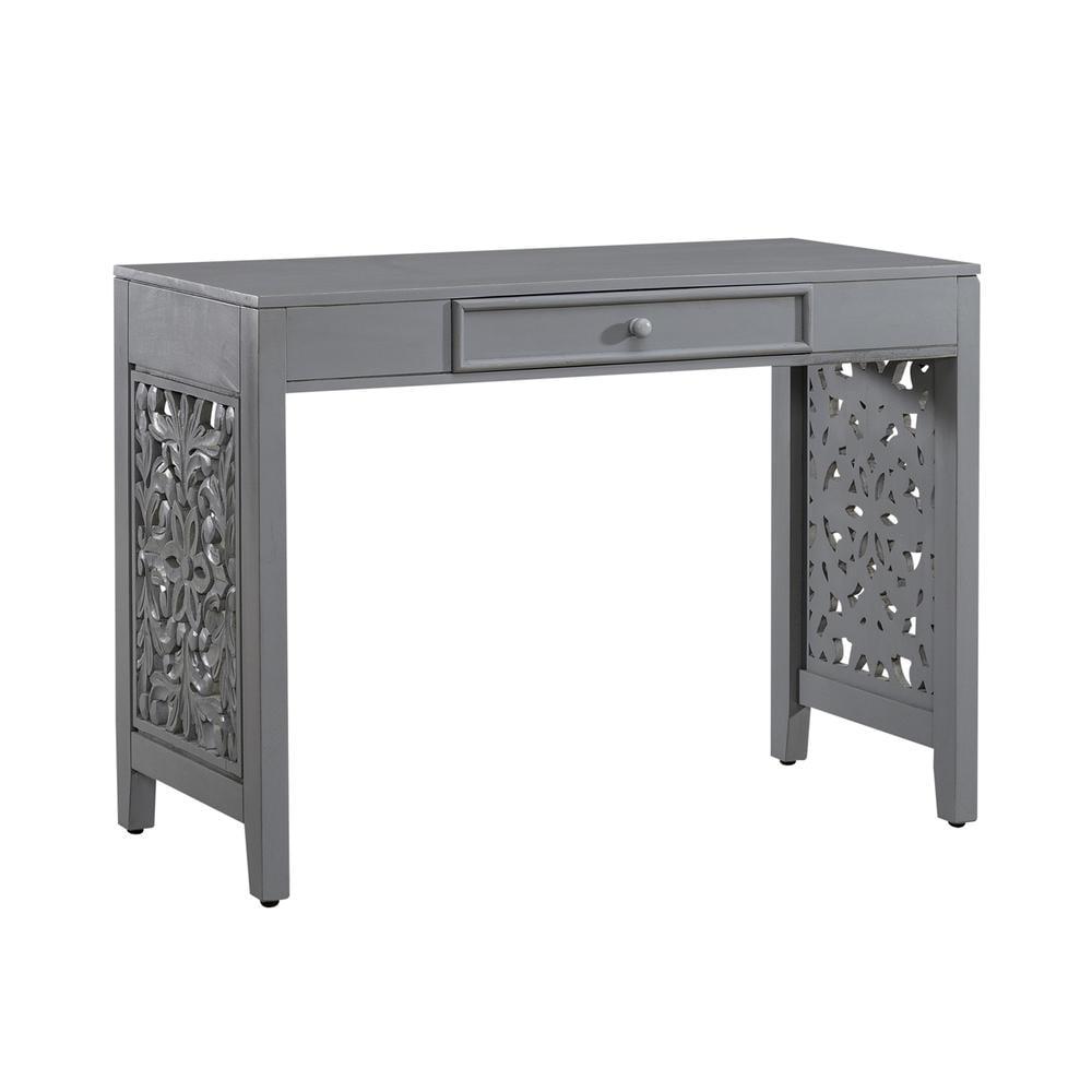 Gray Mango Wood 1-Drawer Writing Desk with Carved Panels