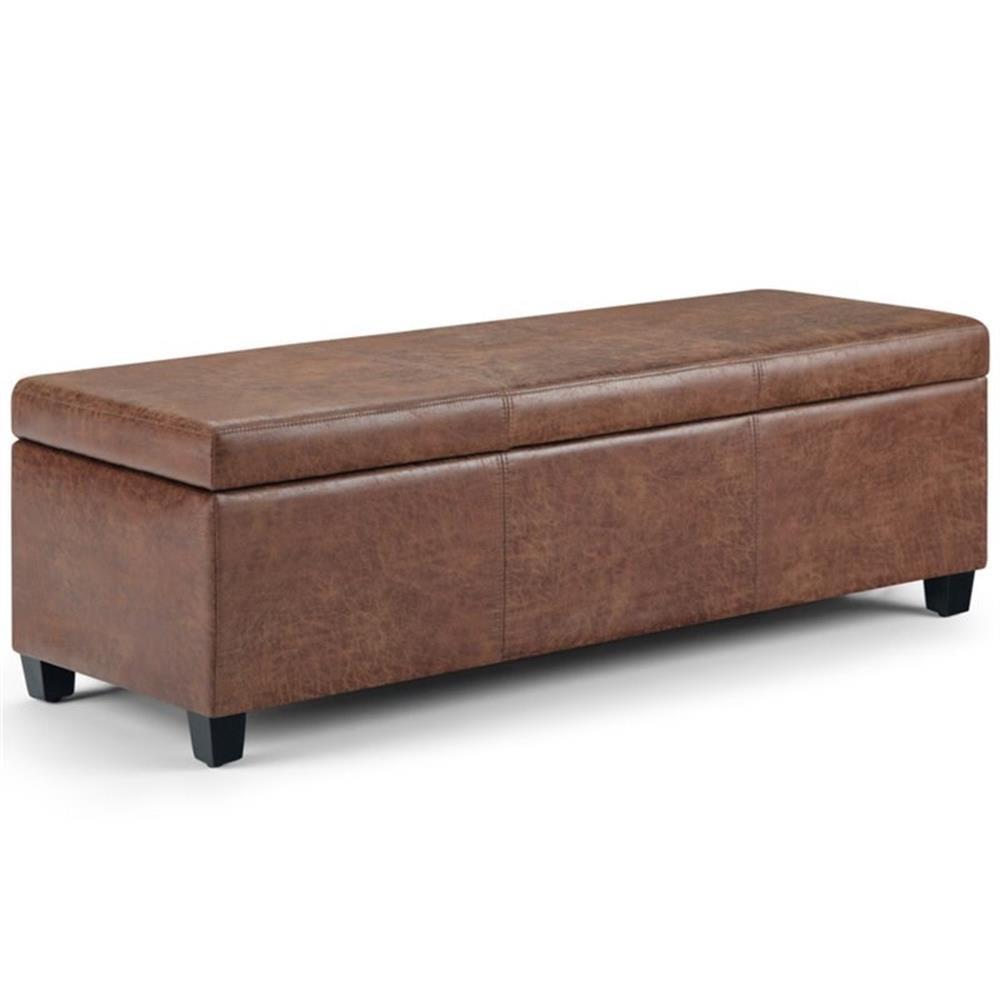 Simpli Home Dover Faux Leather Storage Ottoman Bench in Umber Brown