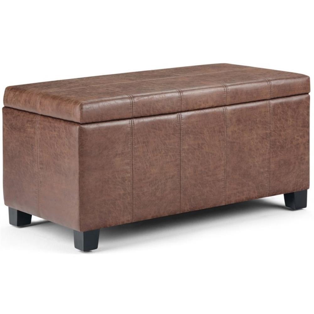 Simpli Home Dover Faux Leather Storage Ottoman Bench in Umber Brown