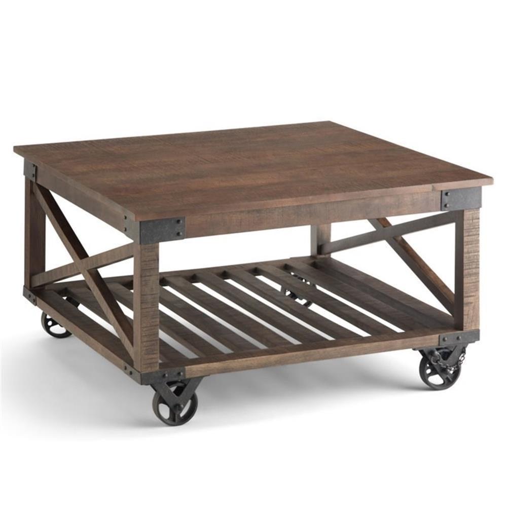 Simpli Home Harding 32"W Solid Mango Wood Industrial Square Coffee Table with Metal Accents, Open Shelf, and Iron Wheels