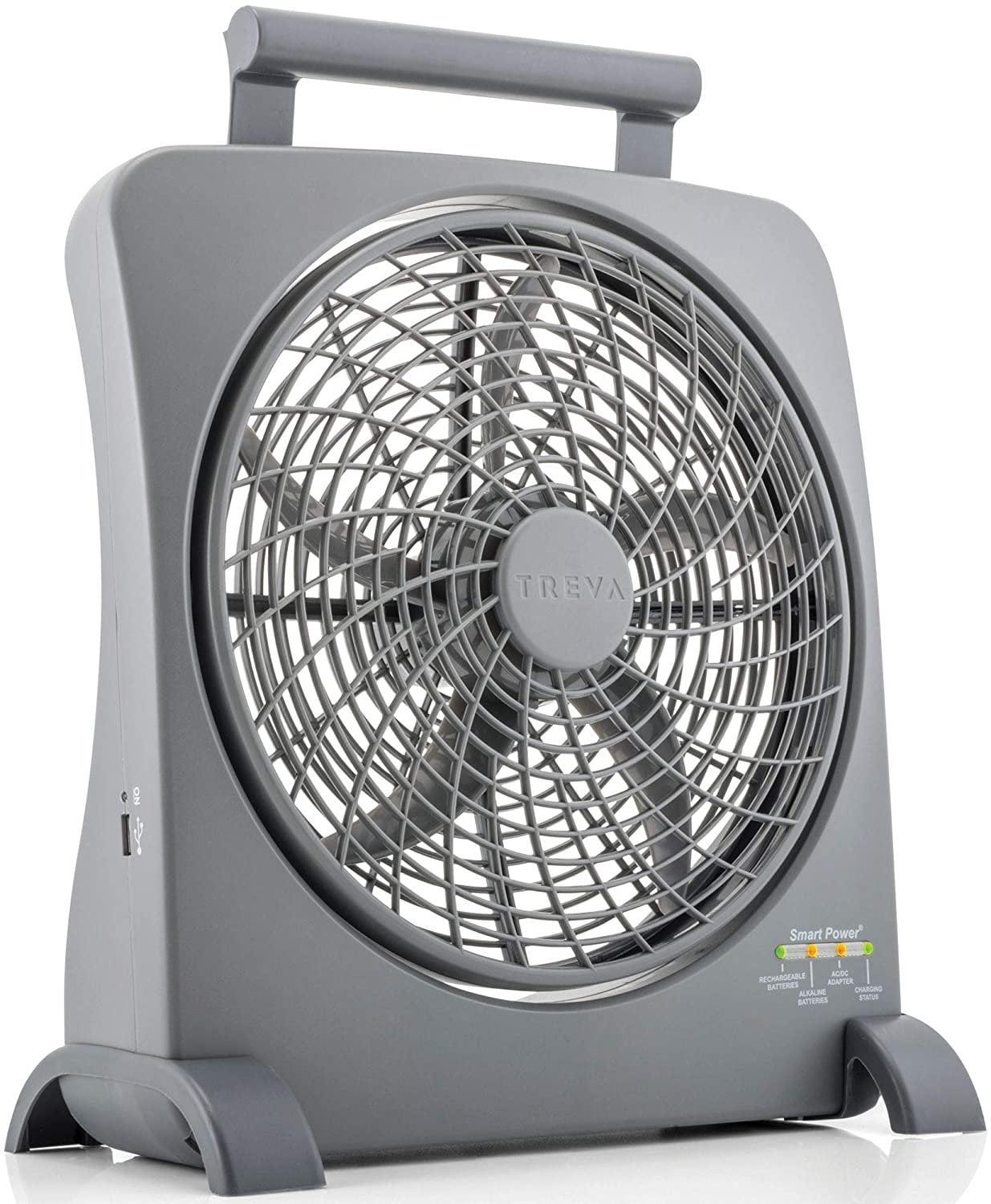 Treva 10 inch Rechargeable Portable Fan Smart Power Air Circulator. Plug-In AC Adapter and Battery Powered, USB Charging Port, For Camping, Travel and Indoors Use