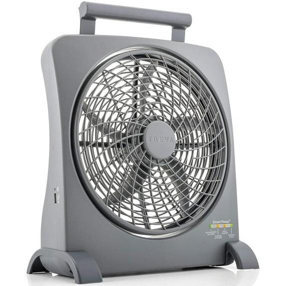 Treva 10 inch Rechargeable Portable Fan Smart Power Air Circulator. Plug-In AC Adapter and Battery Powered, USB Charging Port, For Camping, Travel and Indoors Use