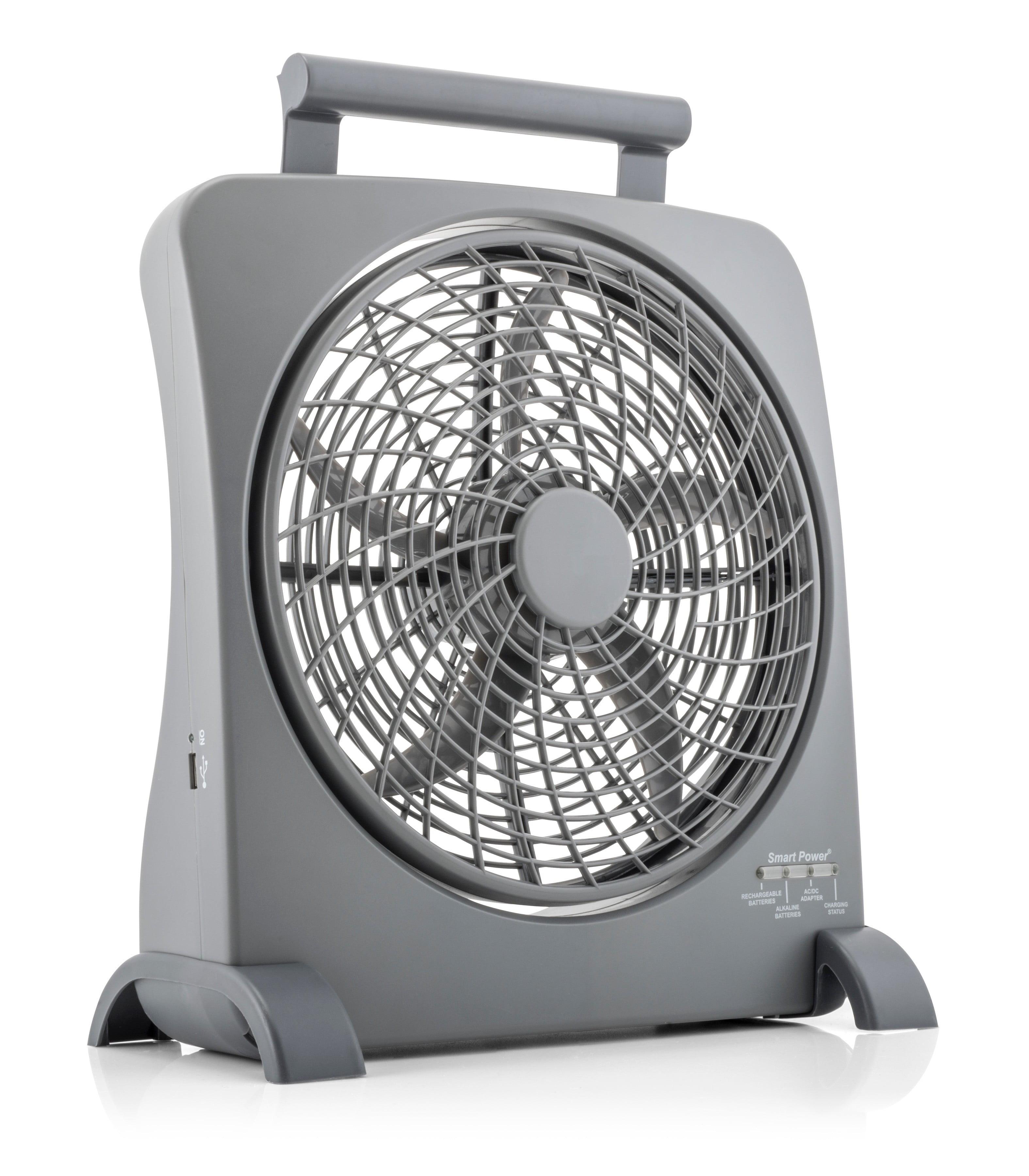 Treva 10 inch Rechargeable Portable Fan Smart Power Air Circulator. Plug-In AC Adapter and Battery Powered, USB Charging Port, For Camping, Travel and Indoors Use