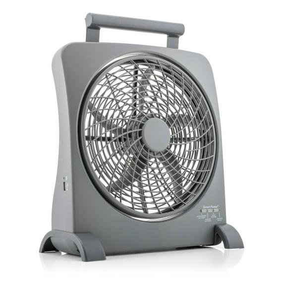 Treva 10 inch Rechargeable Portable Fan Smart Power Air Circulator. Plug-In AC Adapter and Battery Powered, USB Charging Port, For Camping, Travel and Indoors Use